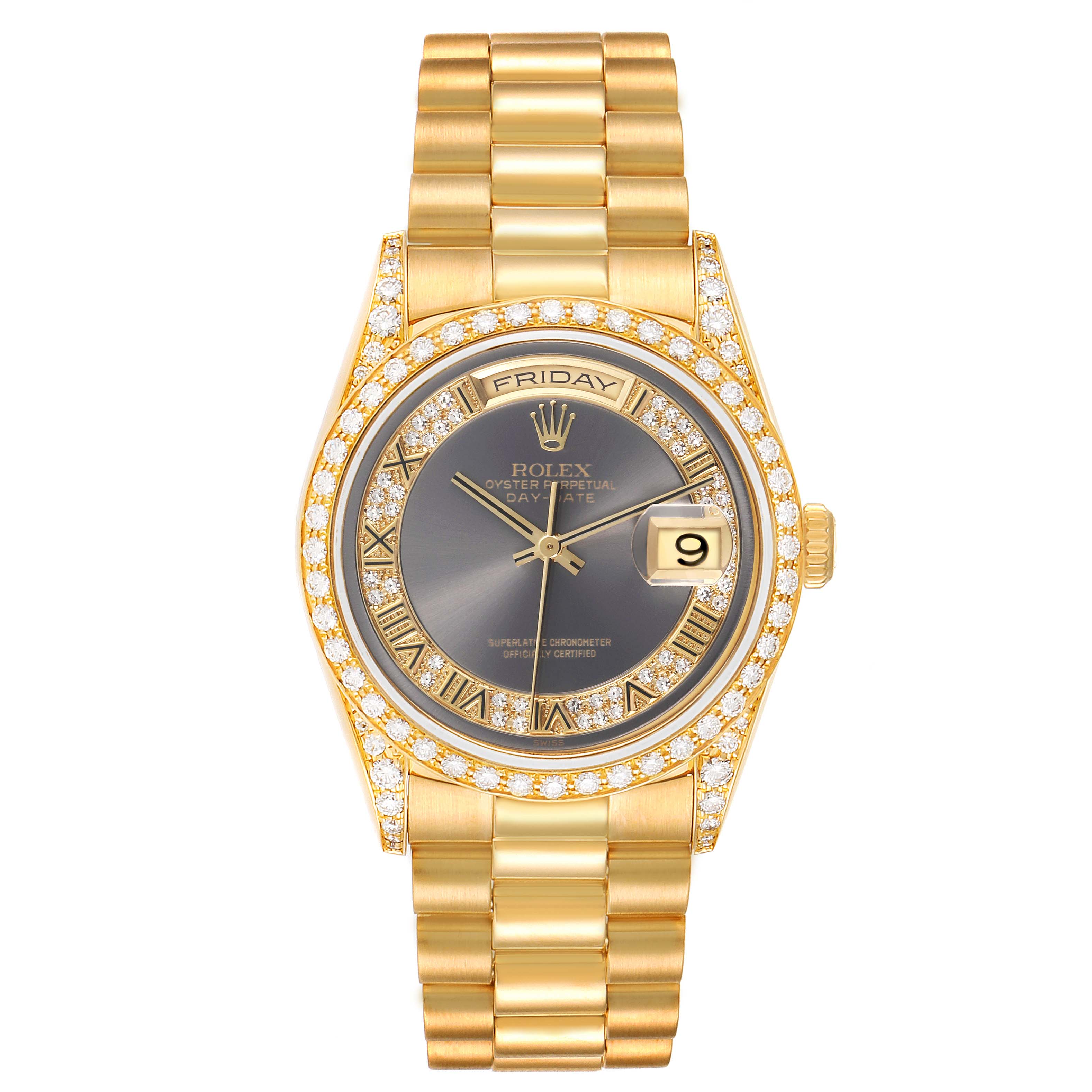 The Rolex President 18388 Men's Yellow Gold Grey Dial 18388 Men's Yellow Gold Grey Dial model watch is shown from the front, featuring a gold bracelet, diamond bezel, gray dial, and day-date display.