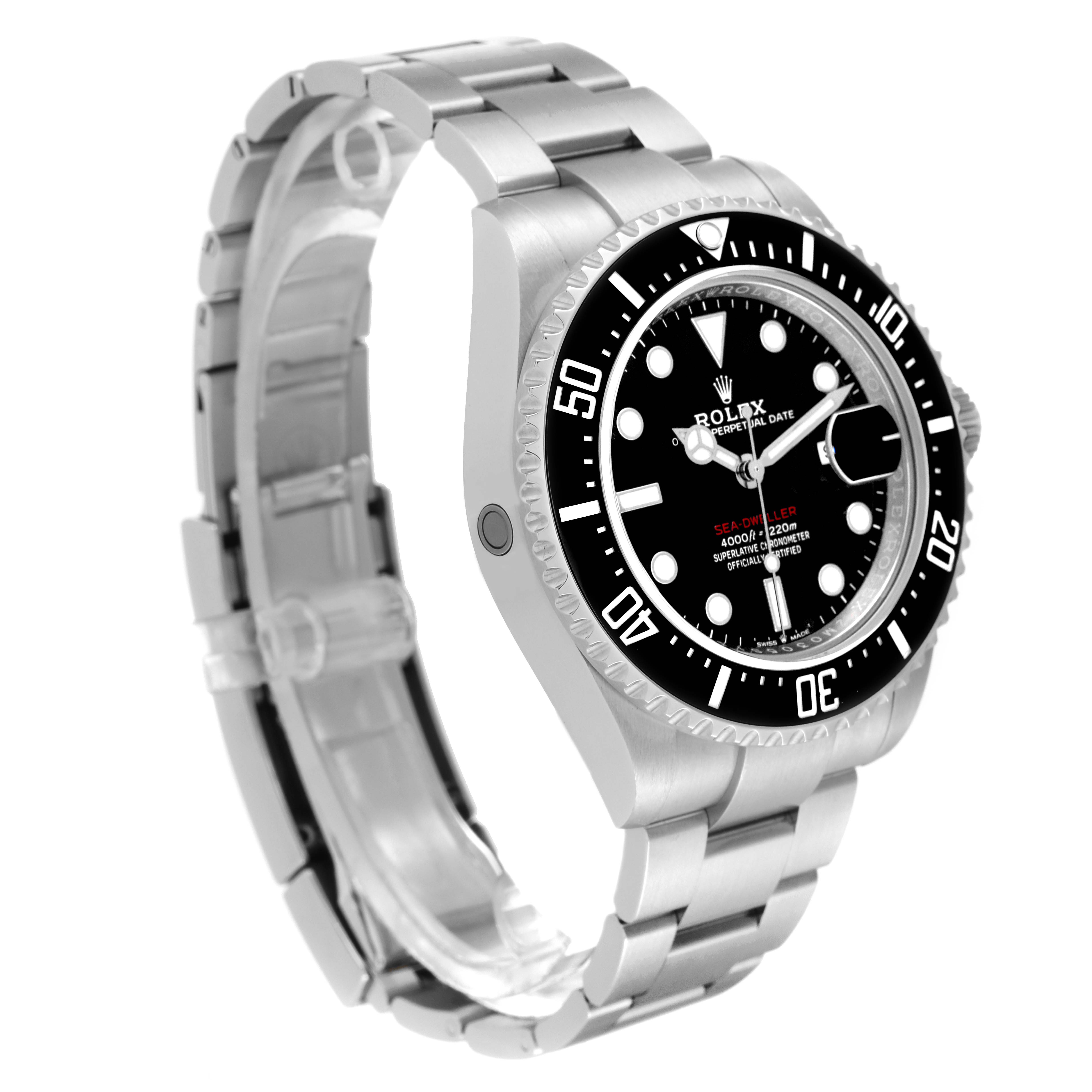 The image shows a Rolex Sea-Dweller 126600 Men's Stainless Steel Black Dial 126600 Men's Stainless Steel Black Dial watch angled to display the watch face, bezel, and part of the bracelet.