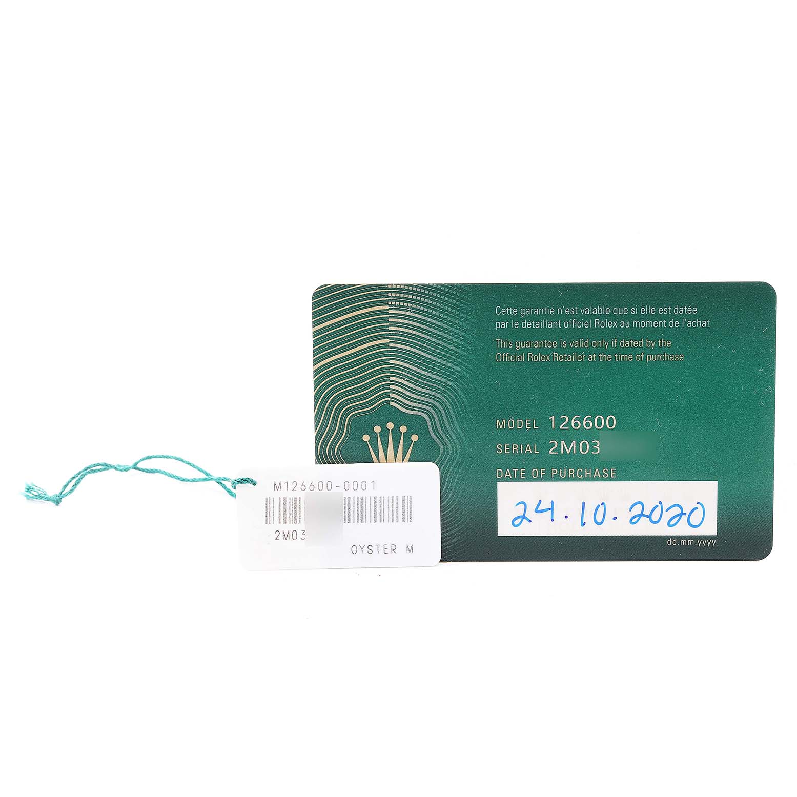 The image shows a warranty card and tag for the Rolex Sea-Dweller 126600 Men's Stainless Steel Black Dial 126600 Men's Stainless Steel Black Dial model 126600, including the purchase date.