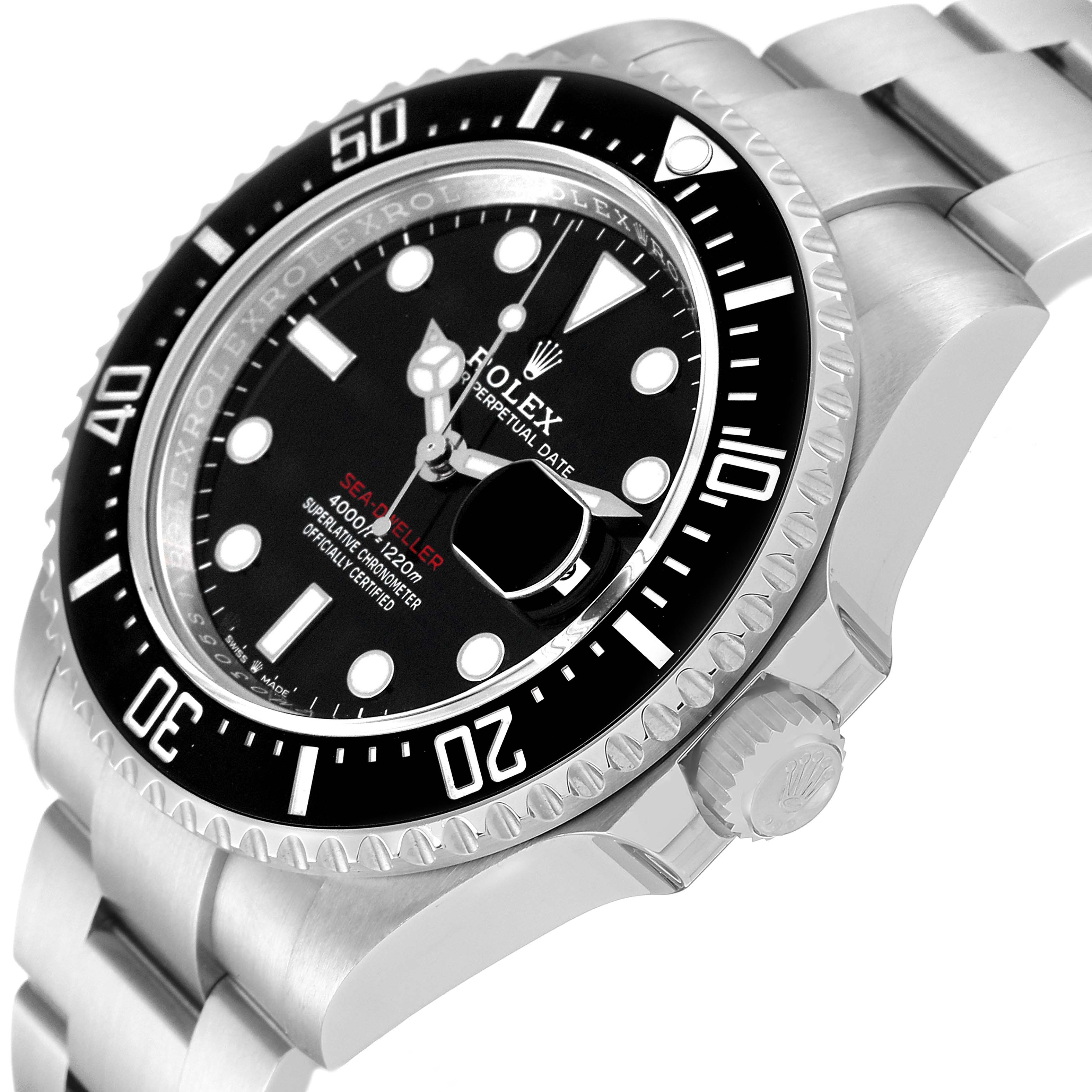 The image shows a Rolex Sea-Dweller 126600 Men's Stainless Steel Black Dial 126600 Men's Stainless Steel Black Dial watch at an angle highlighting the dial, bezel, crown, and part of the bracelet.