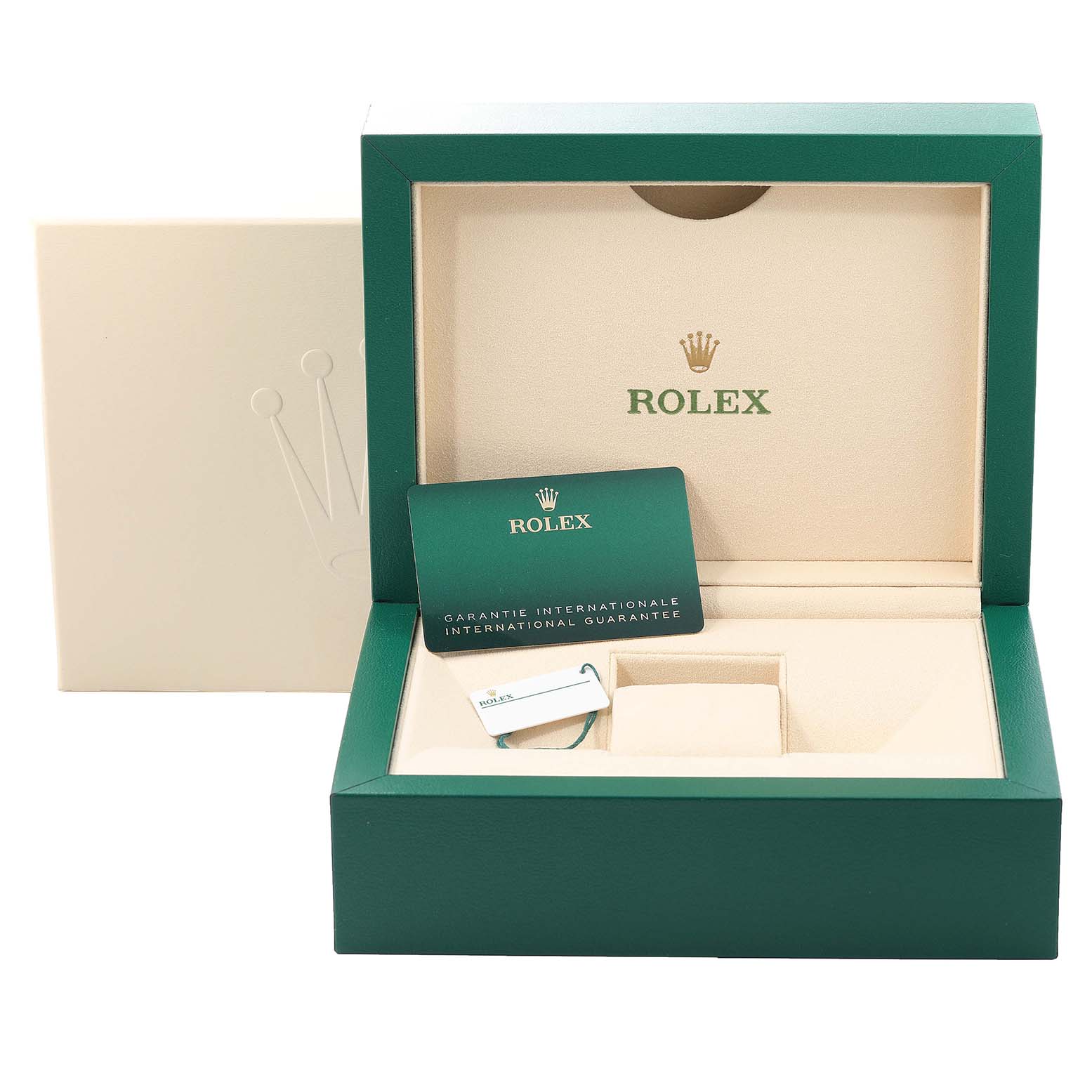 The image shows the open box and accessories of a Rolex Sea-Dweller 126600 Men's Stainless Steel Black Dial 126600 Men's Stainless Steel Black Dial, including the guarantee card and tags.