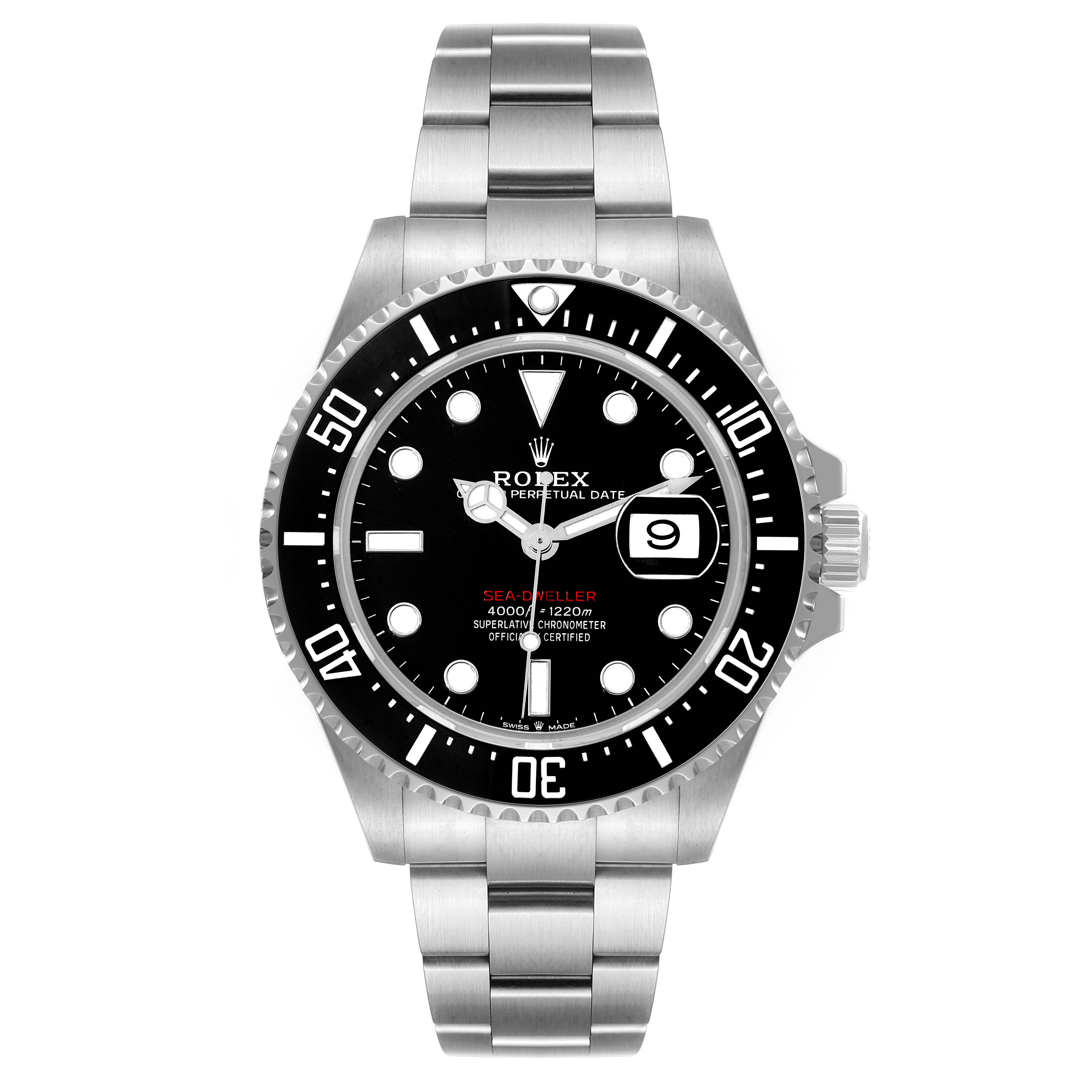The image shows a Rolex Sea-Dweller 126600 Men's Stainless Steel Black Dial 126600 Men's Stainless Steel Black Dial watch from a frontal angle, highlighting its dial, bezel, and partially its bracelet.