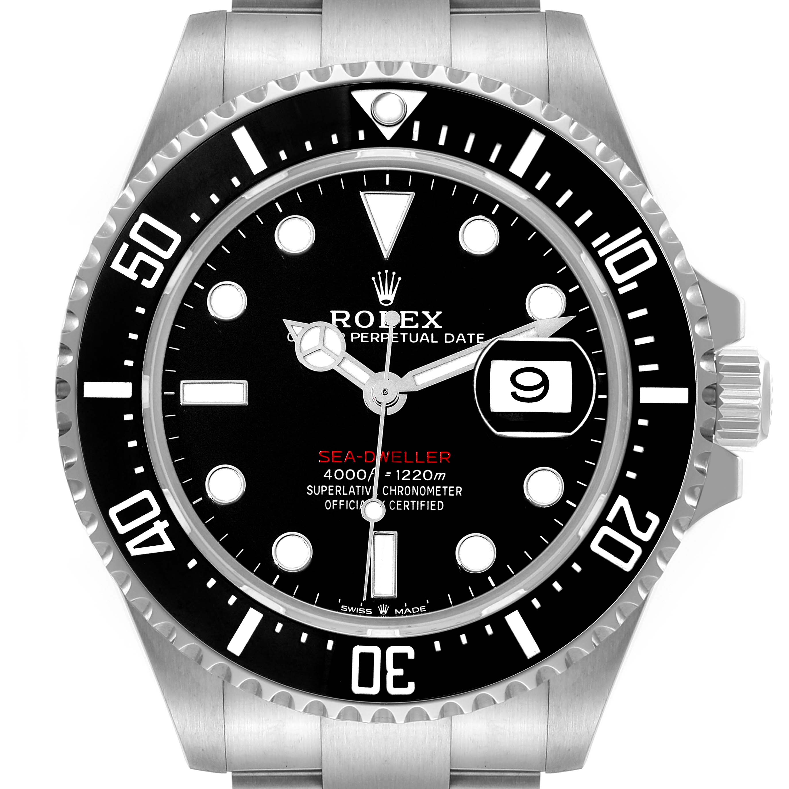 The image shows a front view of a Rolex Sea-Dweller 126600 Men's Stainless Steel Black Dial 126600 Men's Stainless Steel Black Dial watch, highlighting the dial, bezel, and bracelet.