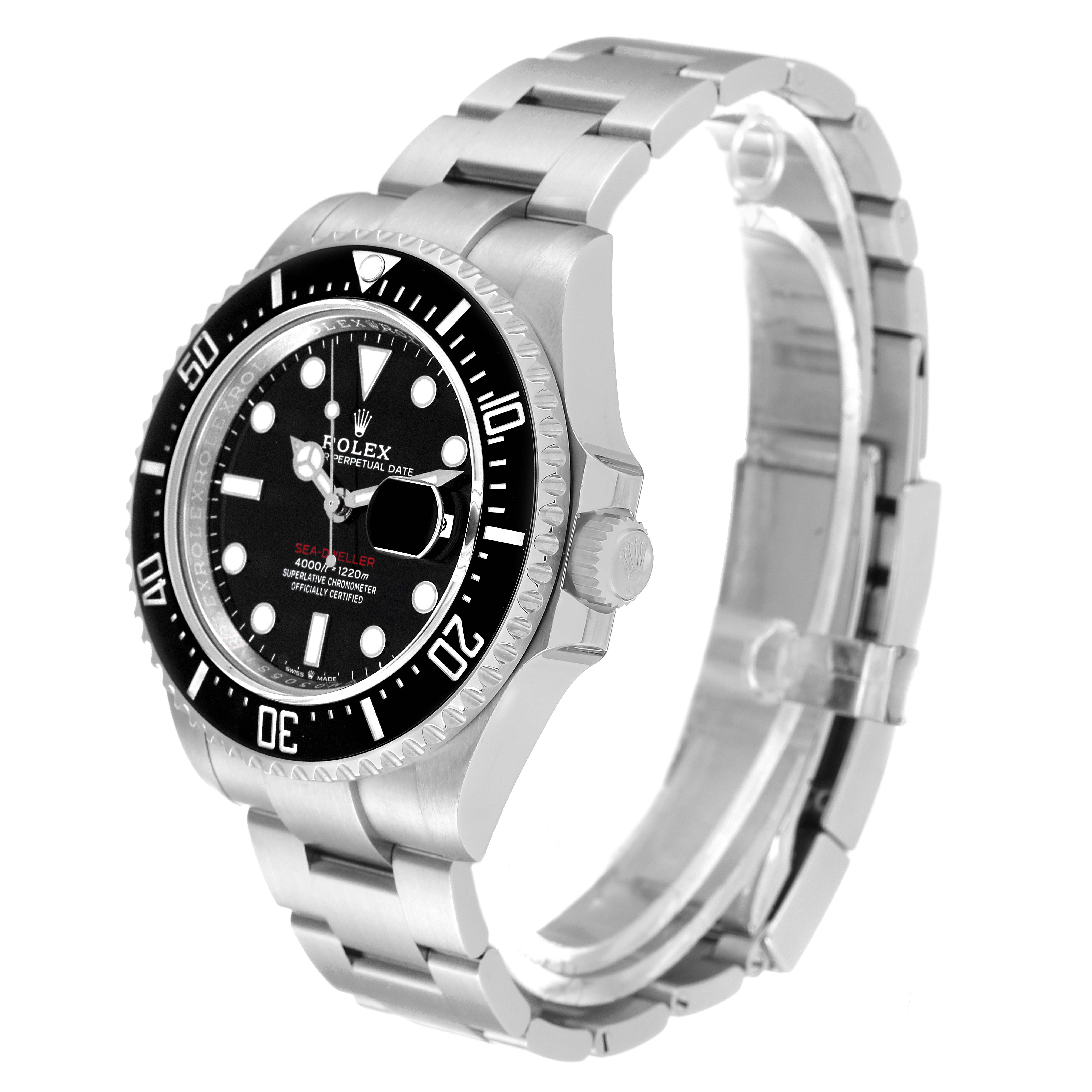 The Rolex Sea-Dweller 126600 Men's Stainless Steel Black Dial 126600 Men's Stainless Steel Black Dial watch is shown at a slight angle, highlighting the face, bezel, crown, and part of the bracelet.
