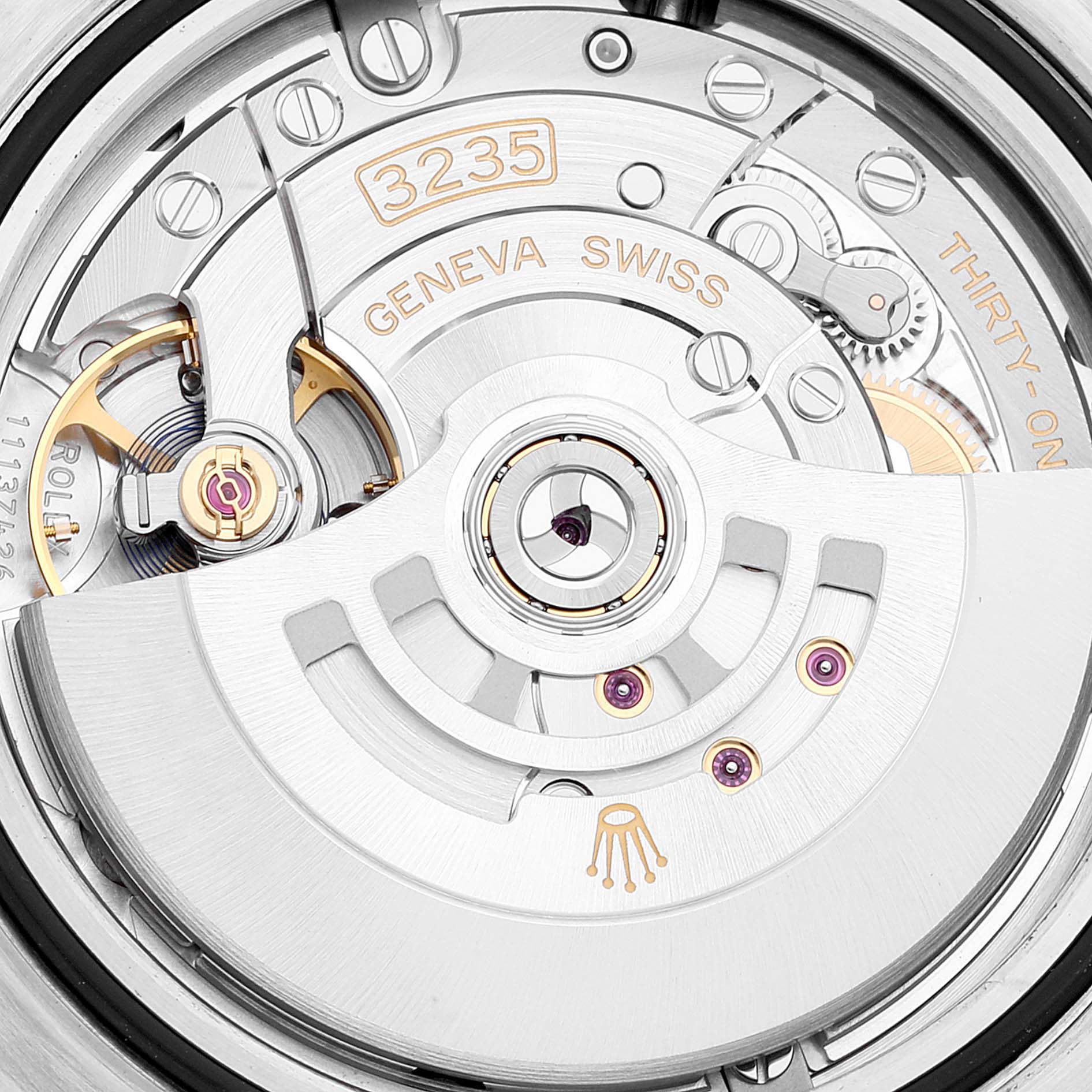 This image shows a close-up view of the movement mechanism of the Rolex Sea-Dweller 126600 Men's Stainless Steel Black Dial 126600 Men's Stainless Steel Black Dial, showcasing the intricate internal components.
