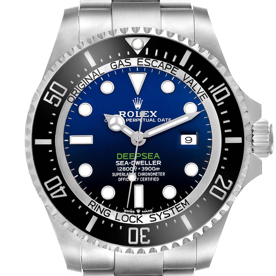 The Rolex Sea-Dweller watch is shown from the front, displaying its face, bezel, and part of the bracelet.