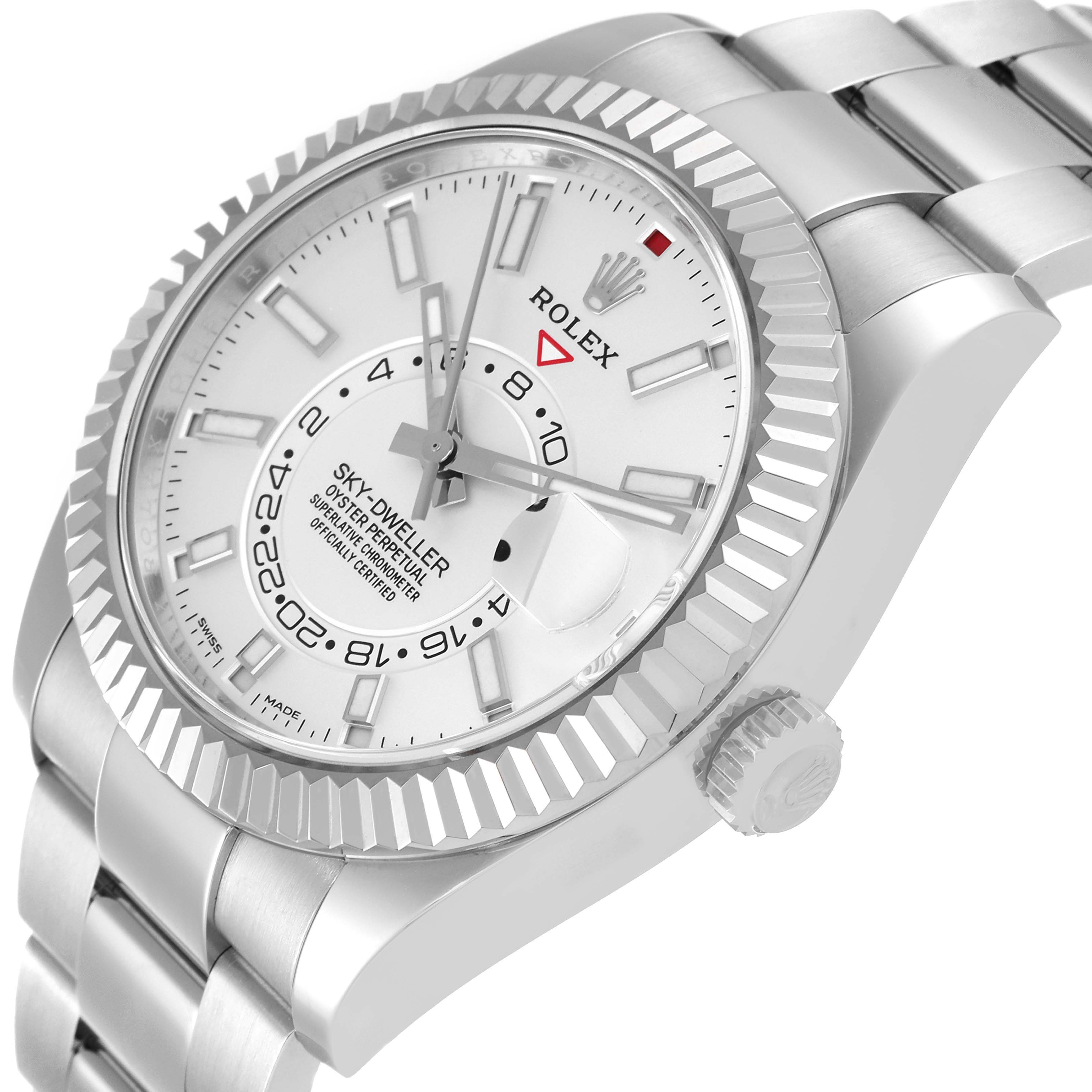The image shows a close-up angle of the Rolex Sky-Dweller 326934 Men's Stainless Steel White Dial 326934 Men's Stainless Steel White Dial watch, highlighting its dial, bezel, crown, and part of the bracelet.