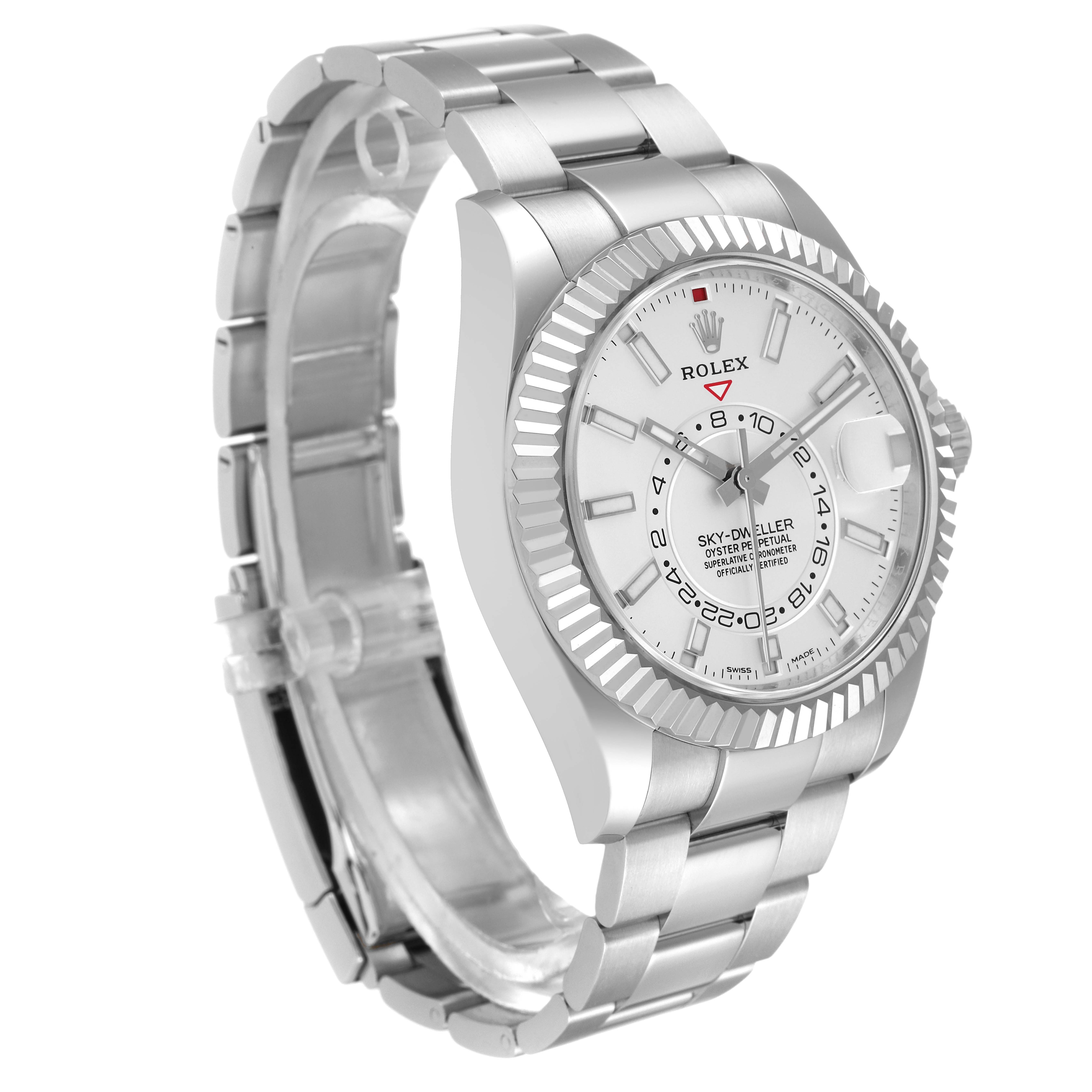 The image shows a side and front angle of a Rolex Sky-Dweller 326934 Men's Stainless Steel White Dial 326934 Men's Stainless Steel White Dial watch, displaying the dial, bracelet, and bezel.