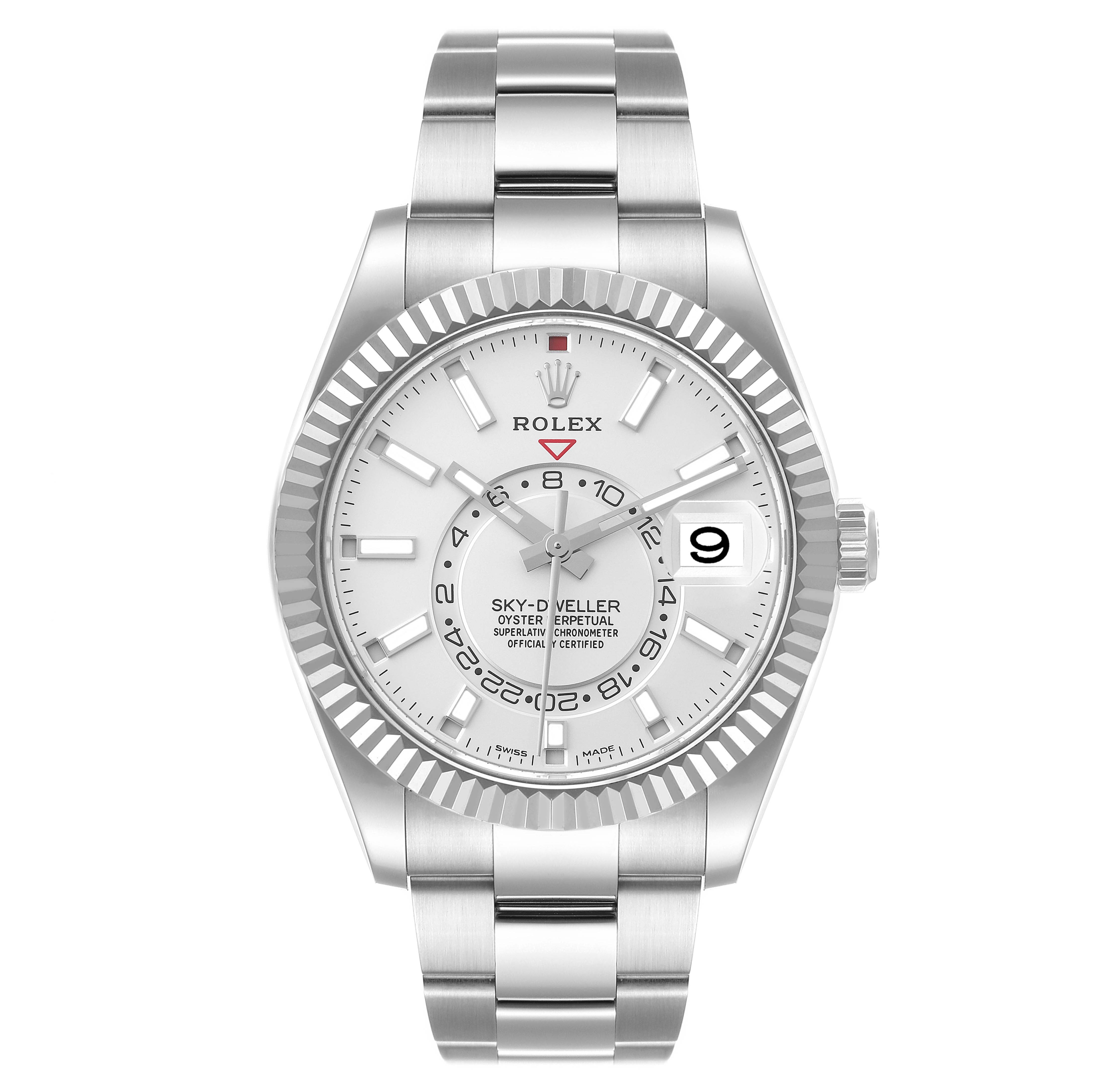 The image shows a head-on view of a Rolex Sky-Dweller 326934 Men's Stainless Steel White Dial 326934 Men's Stainless Steel White Dial watch highlighting its dial, bezel, and bracelet.