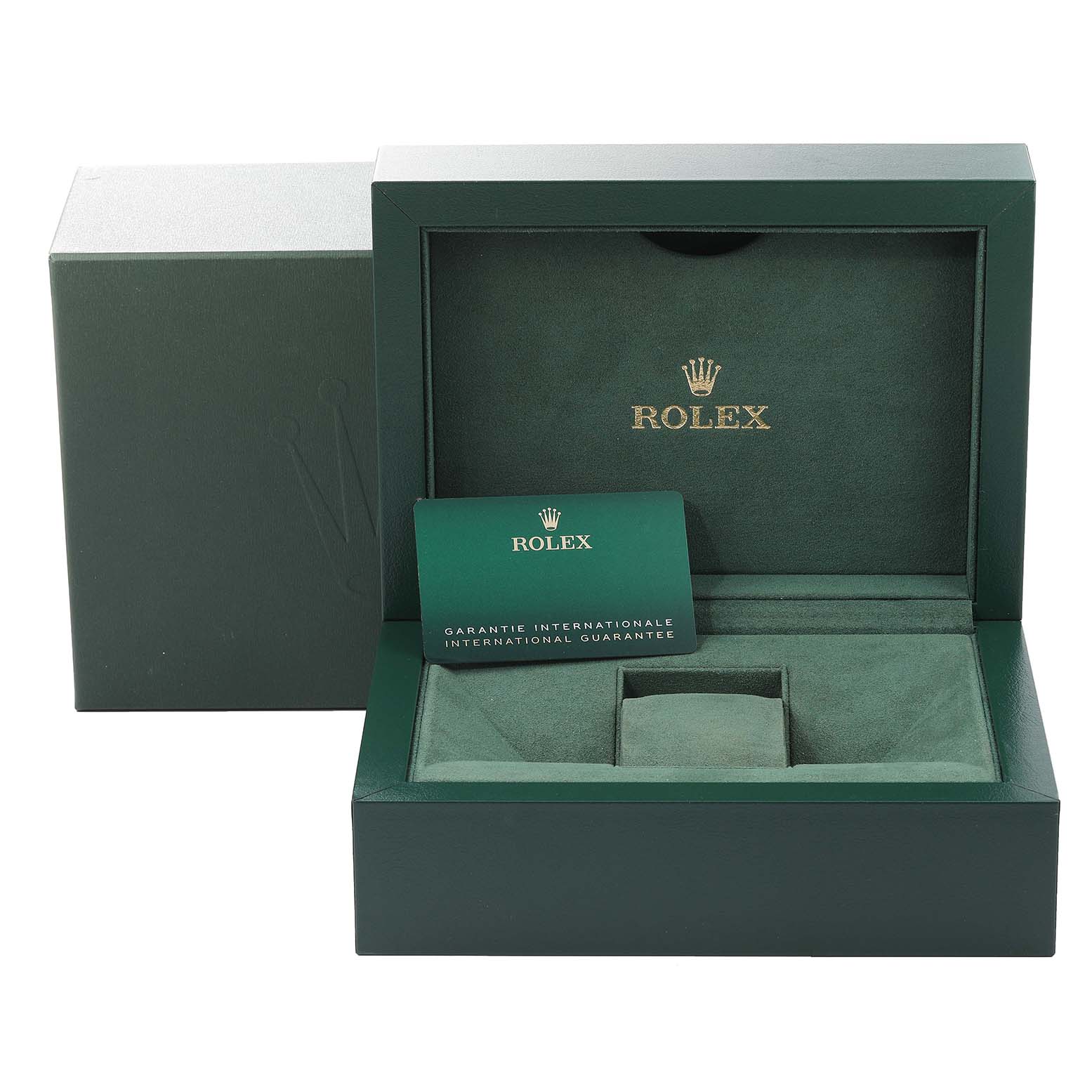 The image shows the open green box and warranty card for a Rolex Sky-Dweller 326934 Men's Stainless Steel White Dial 326934 Men's Stainless Steel White Dial watch.