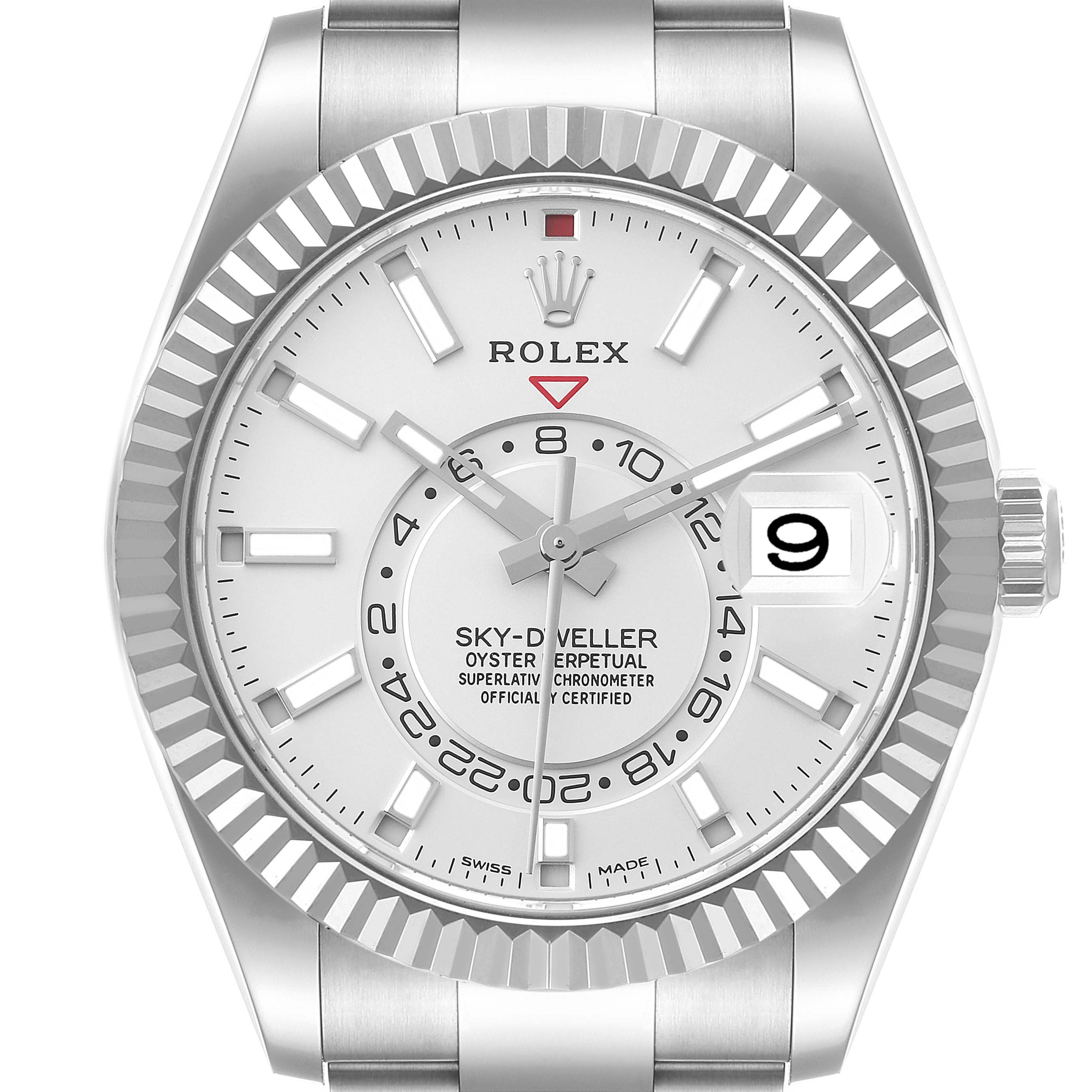 The image shows a front view of the Rolex Sky-Dweller 326934 Men's Stainless Steel White Dial 326934 Men's Stainless Steel White Dial watch featuring the dial, bezel, and part of the bracelet.