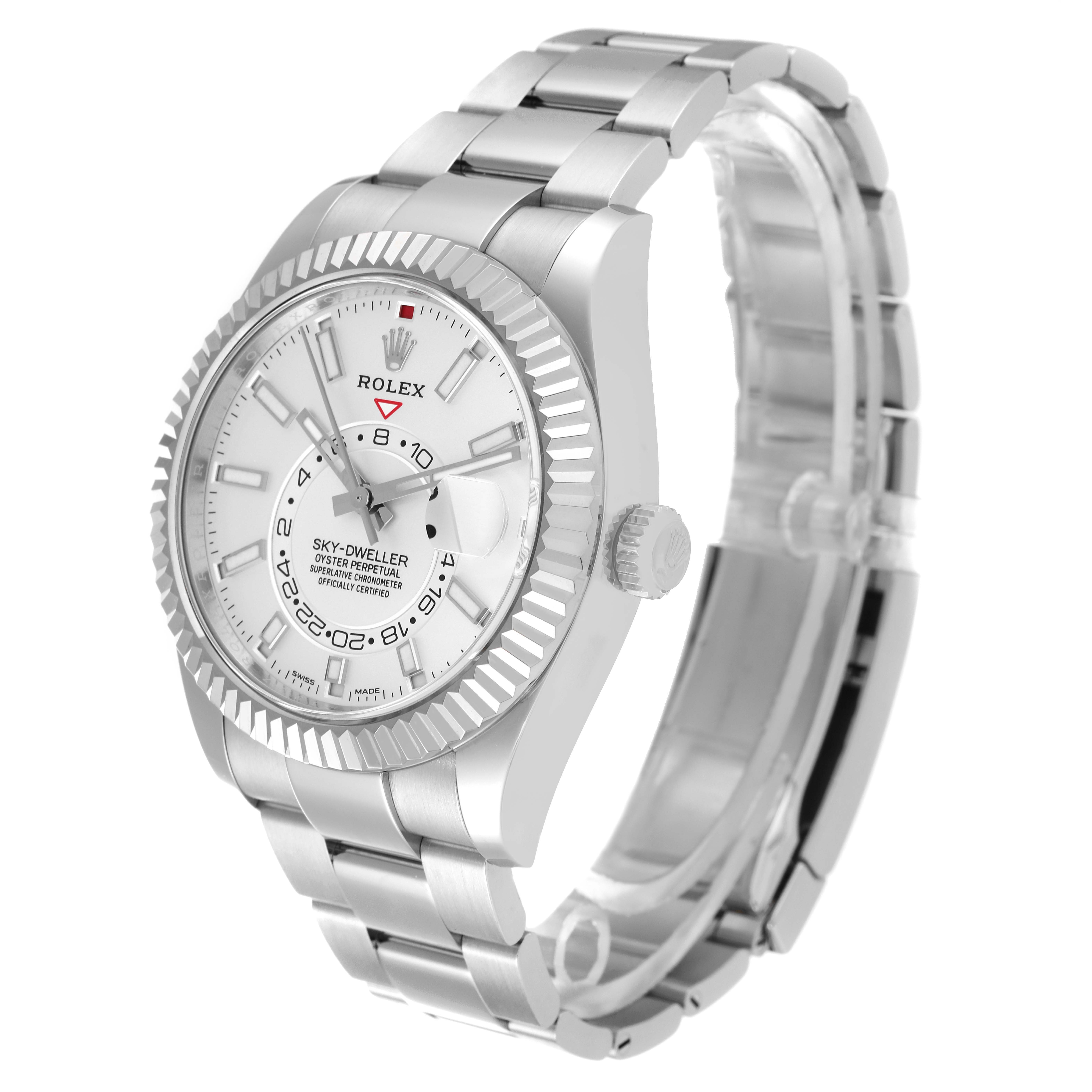 The Rolex Sky-Dweller 326934 Men's Stainless Steel White Dial 326934 Men's Stainless Steel White Dial watch is shown at an angle highlighting the dial, bezel, crown, and bracelet.