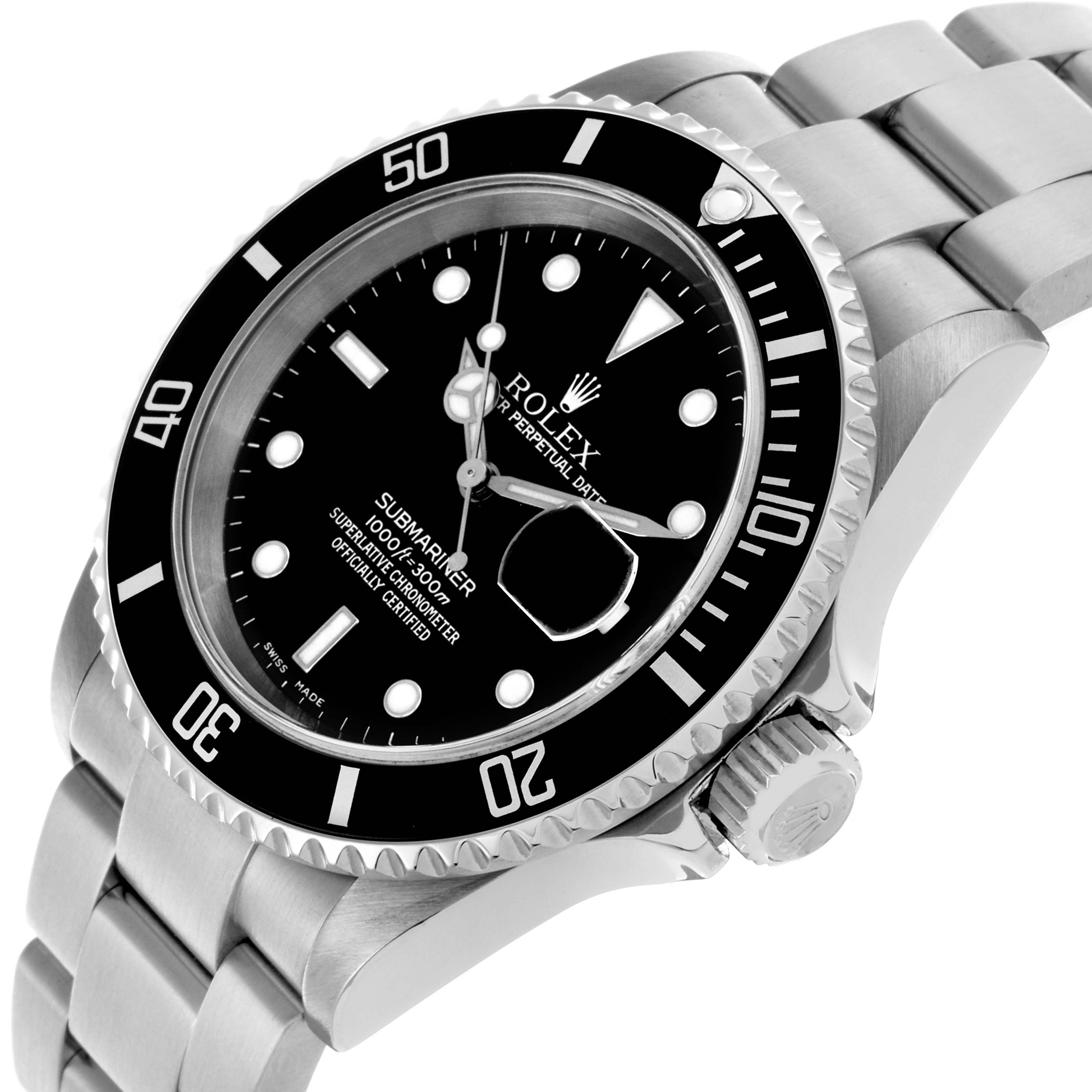 The Rolex Submariner 16610 T Men's Stainless Steel Black Dial 16610 T Men's Stainless Steel Black Dial is shown at an angled view, highlighting the bezel, crown, and part of the bracelet.
