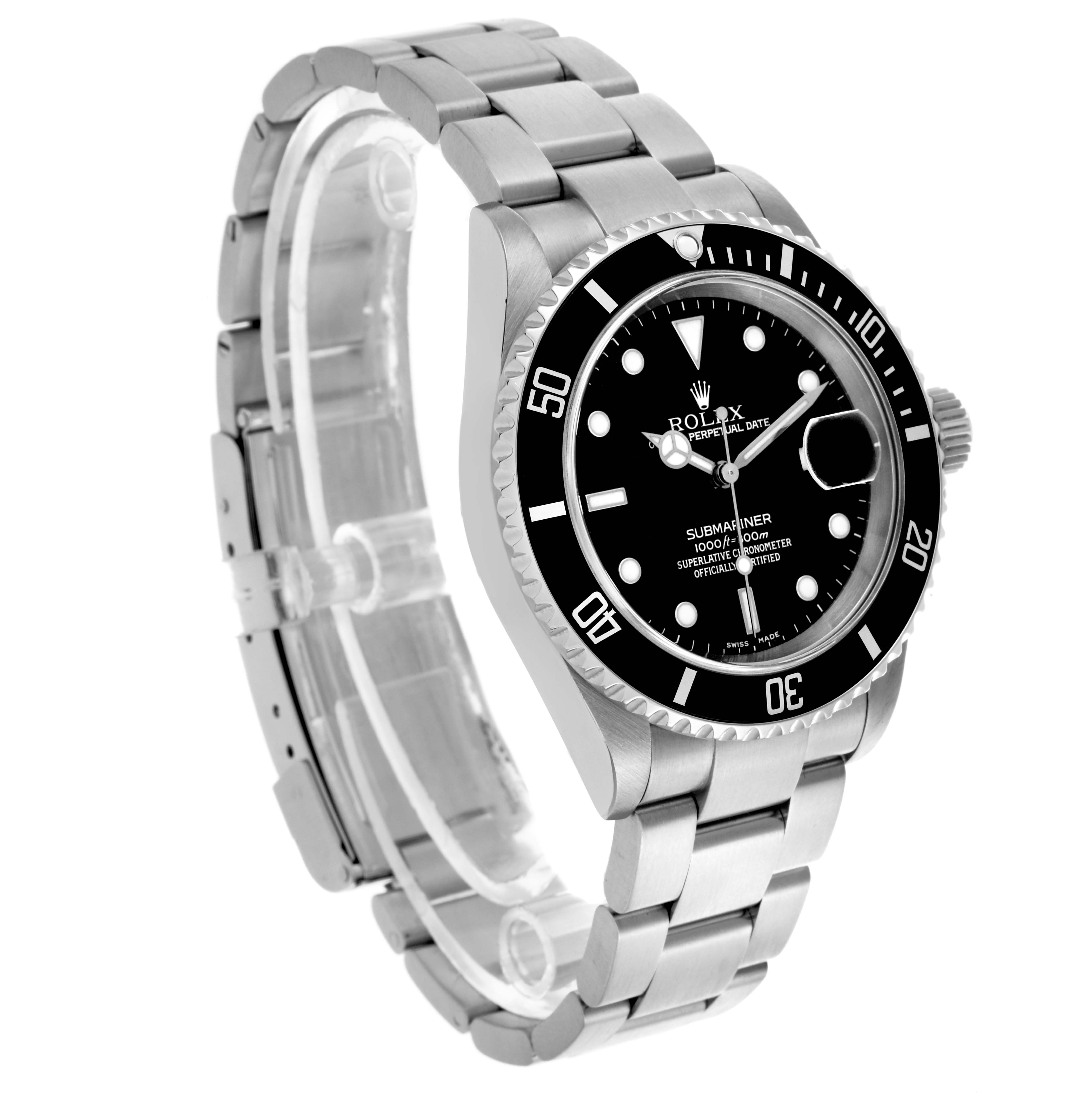 The Rolex Submariner 16610 T Men's Stainless Steel Black Dial 16610 T Men's Stainless Steel Black Dial is shown at a three-quarter angle, displaying the face, bezel, crown, and bracelet.