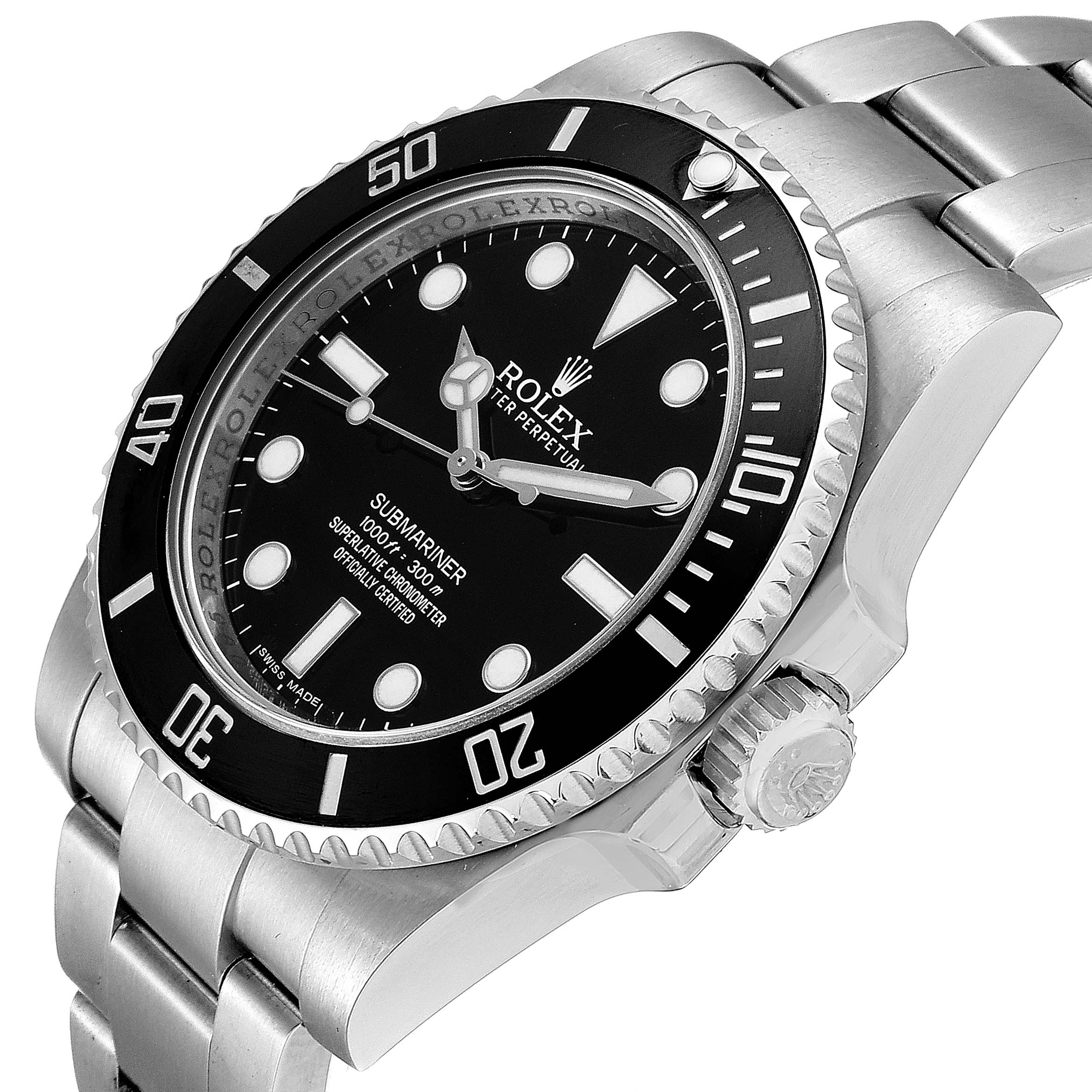 This image shows a Rolex Submariner 114060 Men
s Stainless Steel Black Dial 114060 Men
s Stainless Steel Black Dial watch at an angled side view, highlighting the bezel, dial, and part of the bracelet.