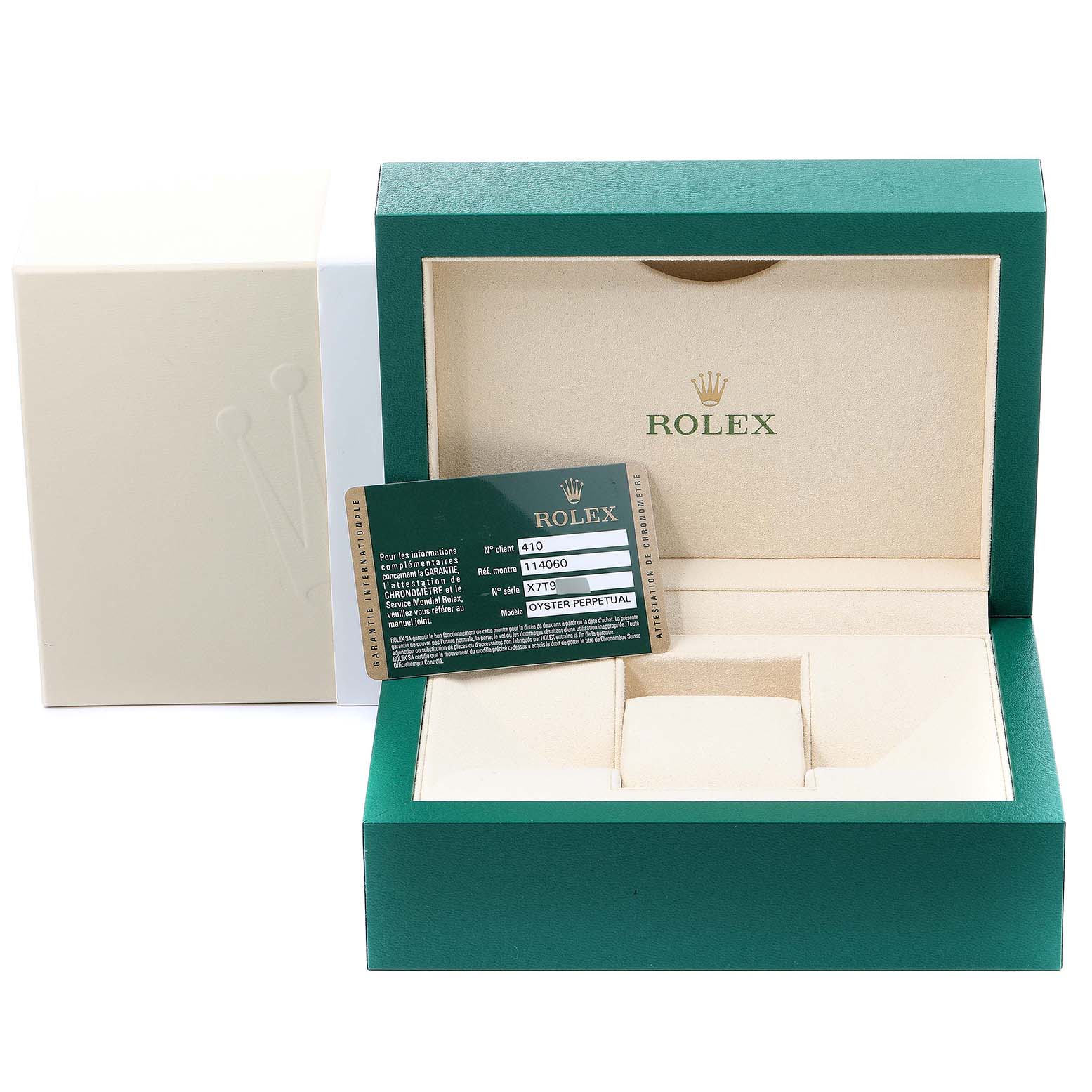 The image shows an open Rolex Submariner 114060 Men
s Stainless Steel Black Dial 114060 Men
s Stainless Steel Black Dial watch box with an Best Quality
ity card placed inside.
