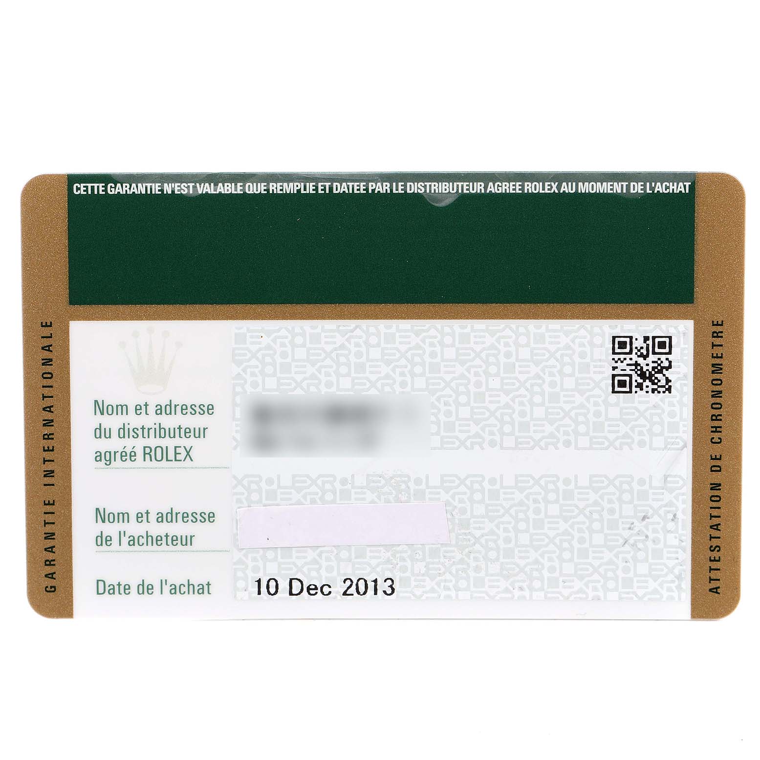 This image shows the international guarantee card for a Rolex Submariner 114060 Men
s Stainless Steel Black Dial 114060 Men
s Stainless Steel Black Dial, including the distributor and purchase details.