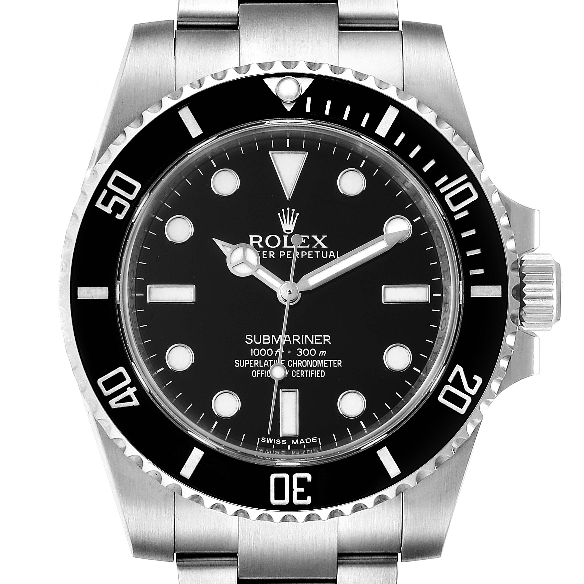The image shows a front view of a Rolex Submariner 114060 Men
s Stainless Steel Black Dial 114060 Men
s Stainless Steel Black Dial watch, highlighting the dial, bezel, and bracelet links.