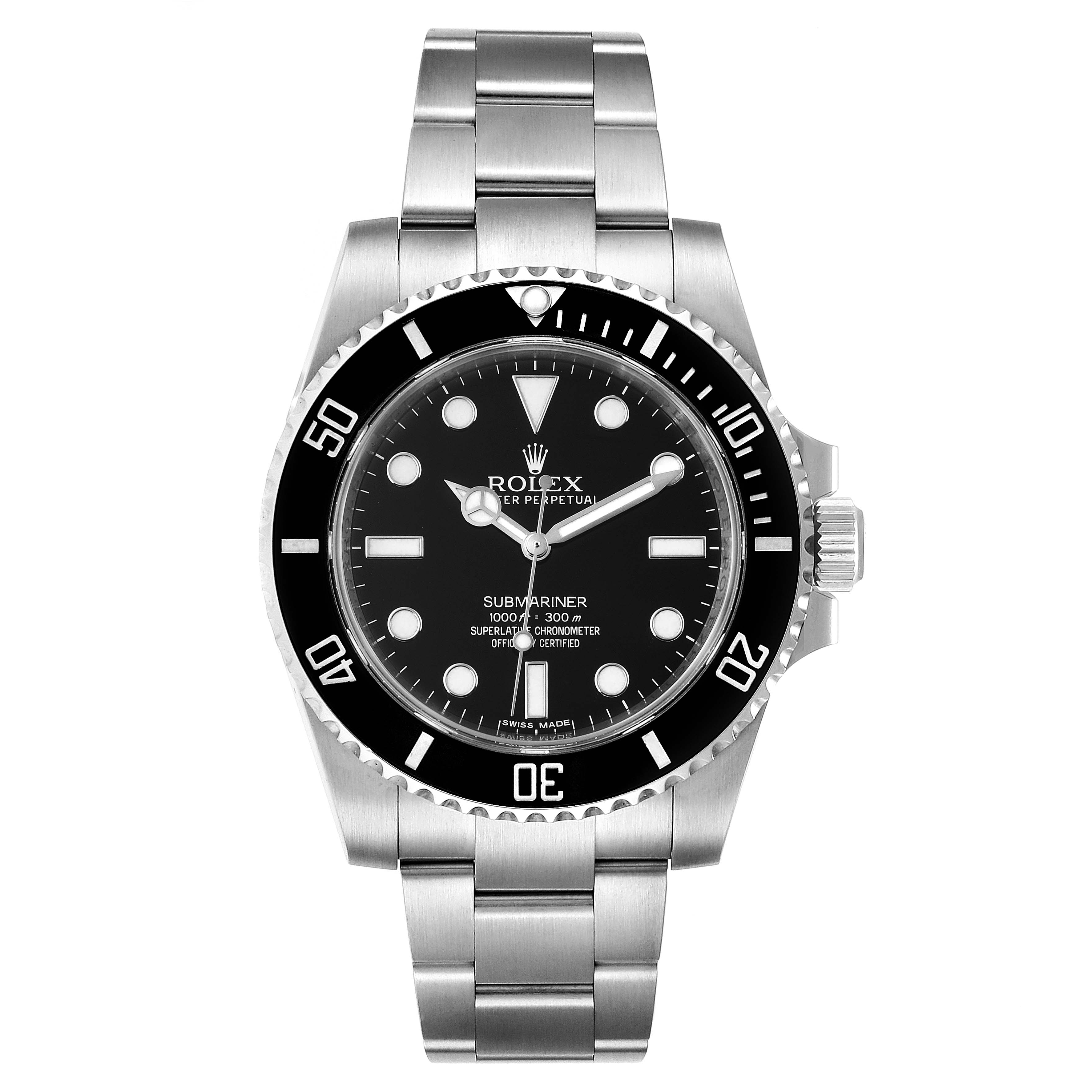The image shows a front view of a Rolex Submariner 114060 Men
s Stainless Steel Black Dial 114060 Men
s Stainless Steel Black Dial watch displaying the face, bezel, and bracelet.