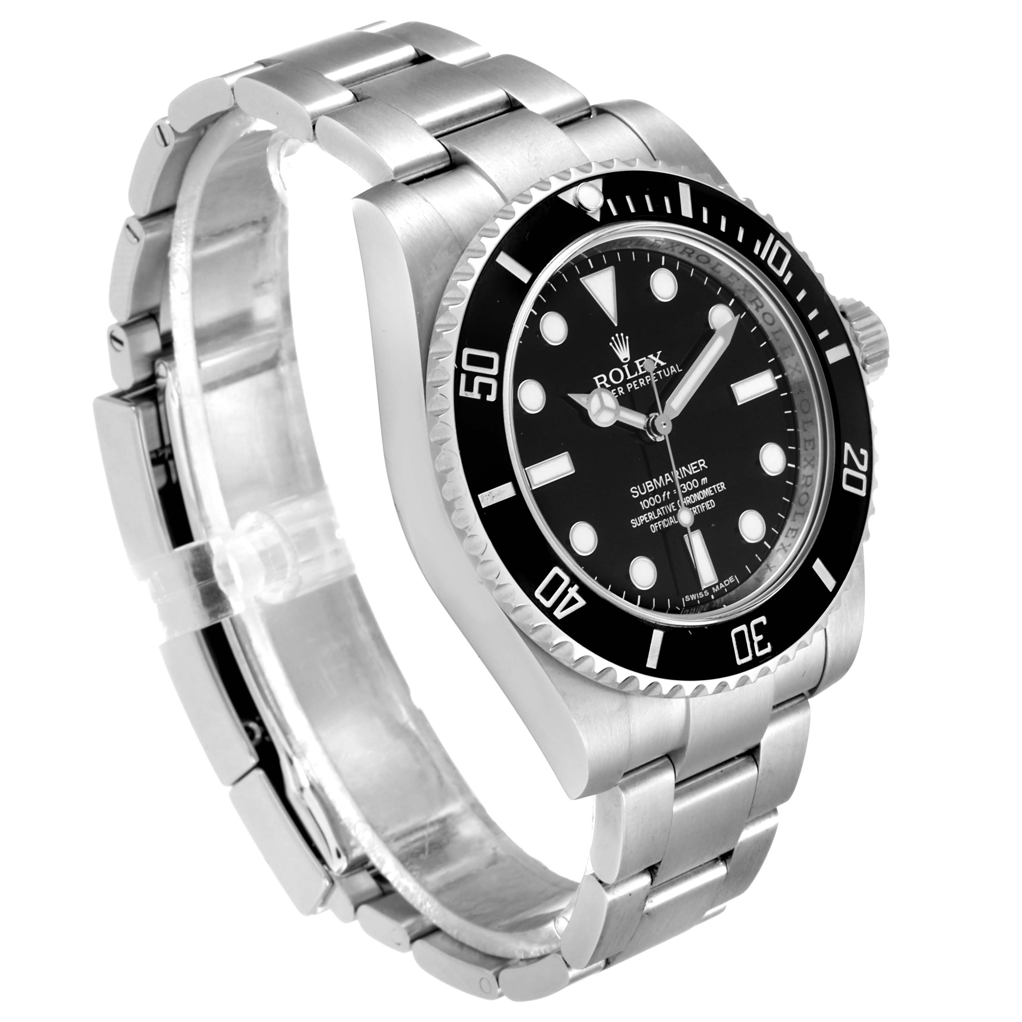 The image shows a Rolex Submariner 114060 Men
s Stainless Steel Black Dial 114060 Men
s Stainless Steel Black Dial watch from a 3/4 angle, highlighting the bracelet, bezel, and dial.