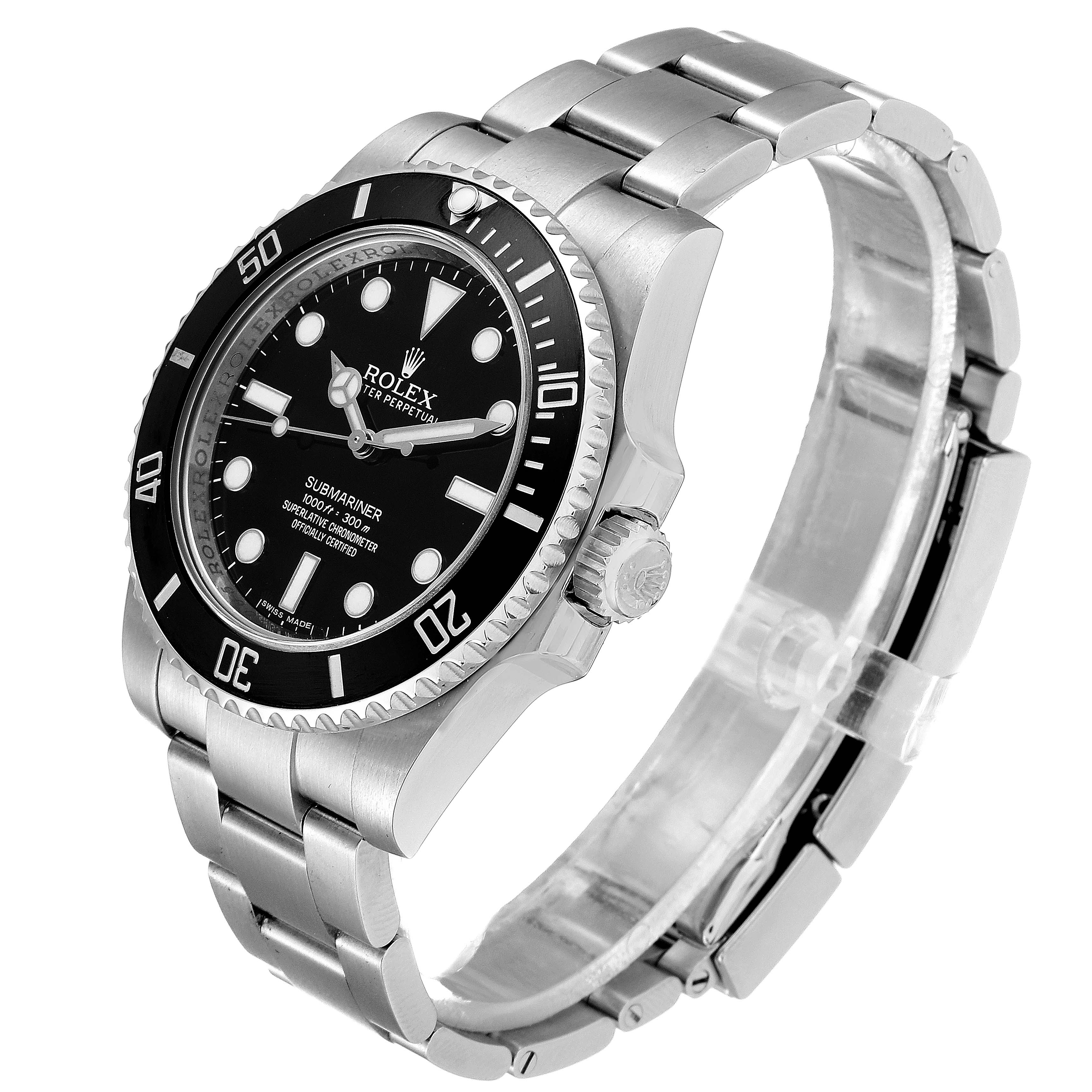 The image shows a Rolex Submariner 114060 Men
s Stainless Steel Black Dial 114060 Men
s Stainless Steel Black Dial watch angled to display the face, bezel, crown, and part of the bracelet.