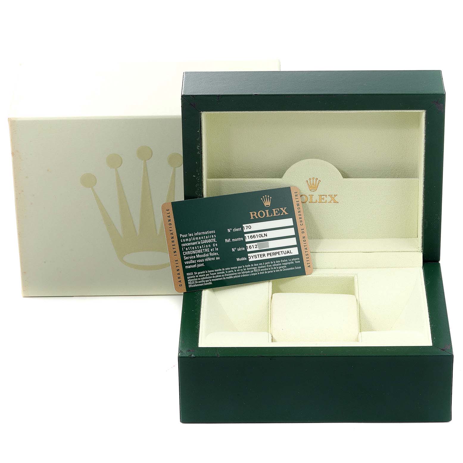 The image shows the open box and certification card for a Rolex Submariner 116610 Men
s Stainless Steel Black Dial 116610 Men
s Stainless Steel Black Dial watch.