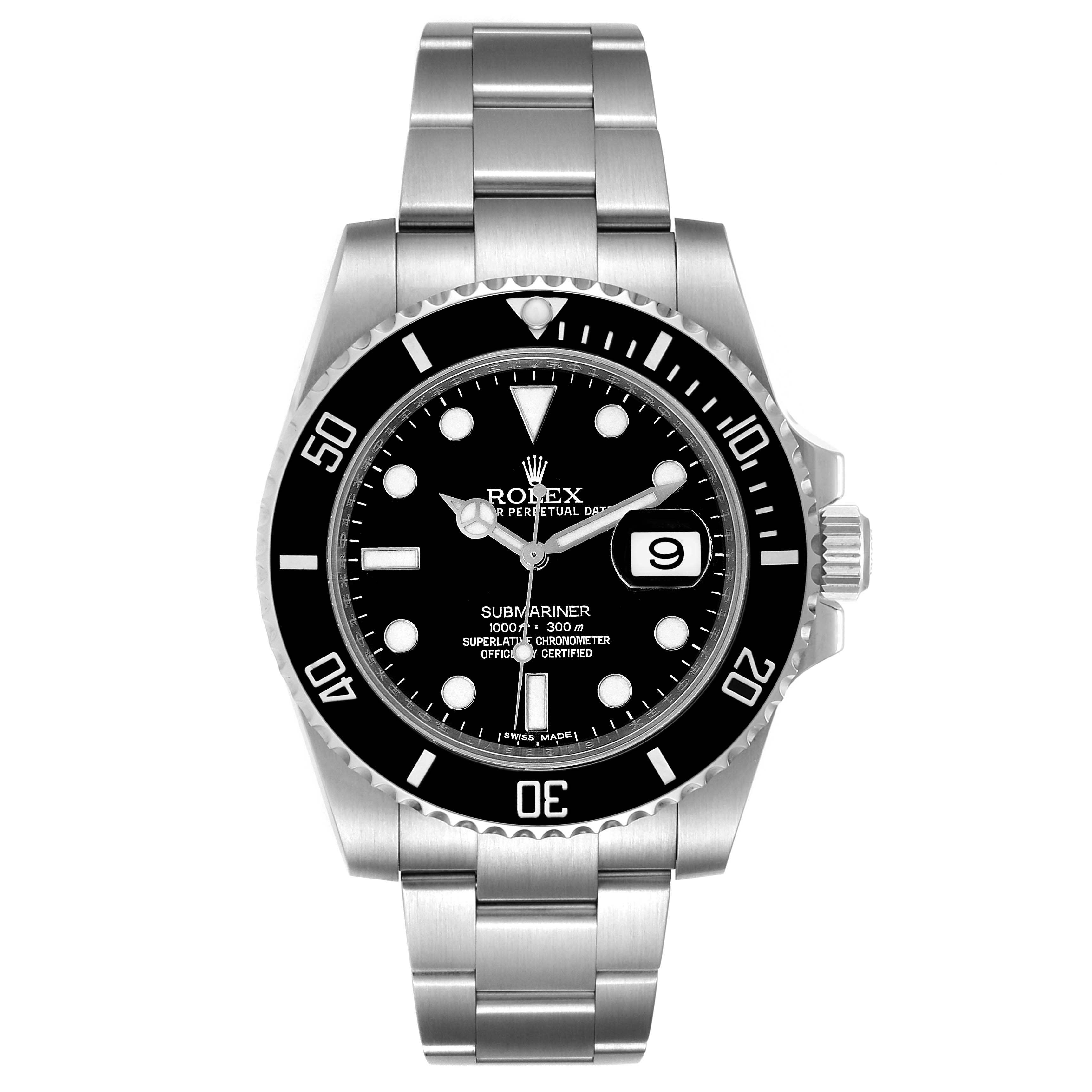The image shows a front view of the Rolex Submariner 116610 Men
s Stainless Steel Black Dial 116610 Men
s Stainless Steel Black Dial watch, highlighting the dial, bezel, bracelet, and date window.
