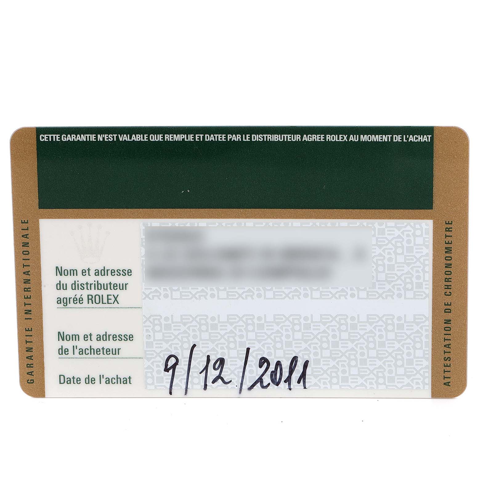 This image shows the warranty card for a Rolex Submariner 116610 Men
s Stainless Steel Black Dial 116610 Men
s Stainless Steel Black Dial, displaying purchase details and distribution information.