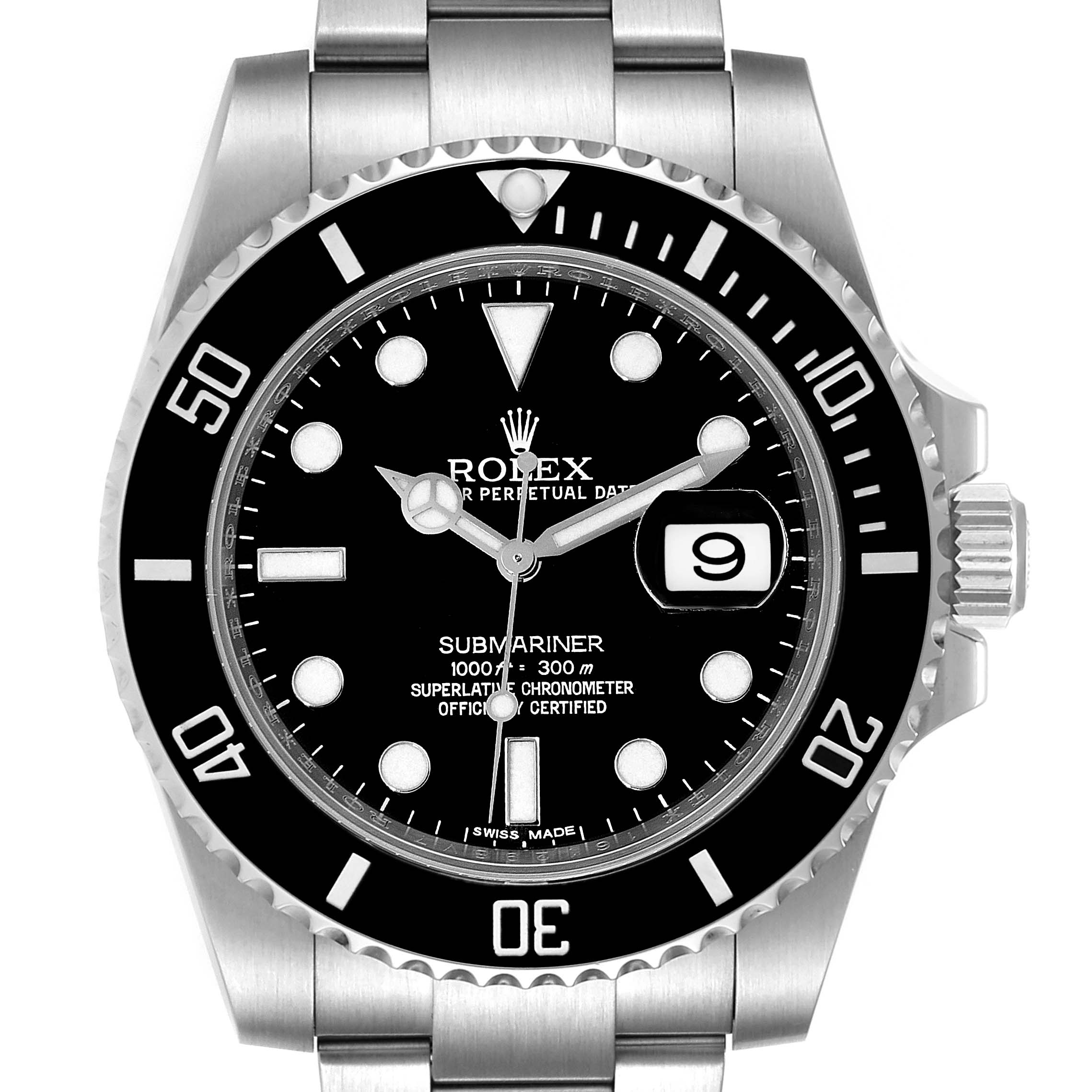 The image shows a front view of a Rolex Submariner 116610 Men
s Stainless Steel Black Dial 116610 Men
s Stainless Steel Black Dial, displaying the dial, bezel, bracelet, and crown.