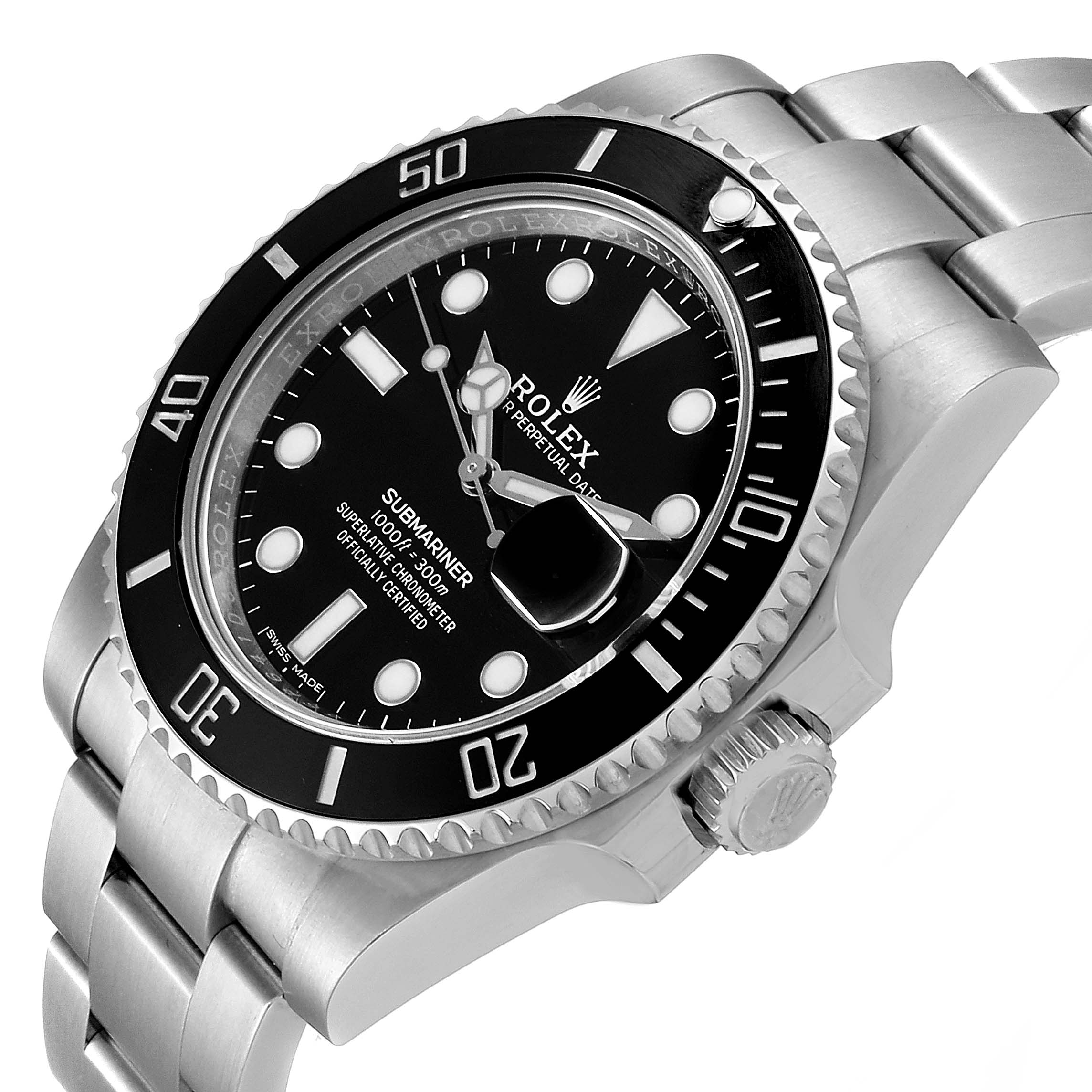 The image shows a Rolex Submariner 116610LN Men
s Stainless Steel Black Dial 116610LN Men
s Stainless Steel Black Dial watch at a slight side angle, highlighting its black dial, bezel, and stainless steel bracelet.