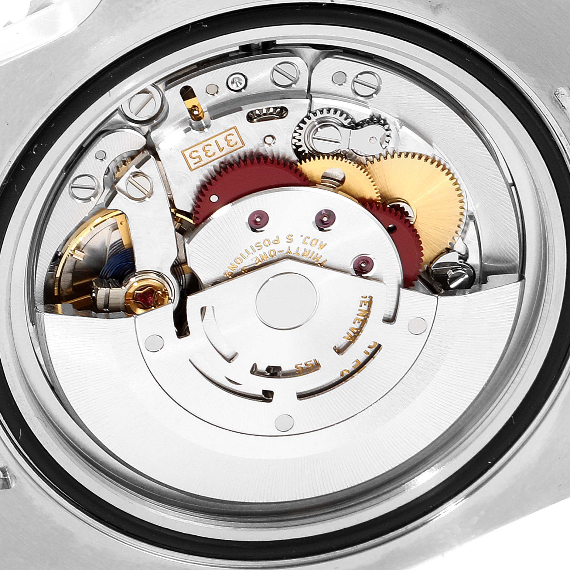 This image shows the movement mechanism of a Rolex Submariner 116610LN Men
s Stainless Steel Black Dial 116610LN Men
s Stainless Steel Black Dial watch from an angled side view.