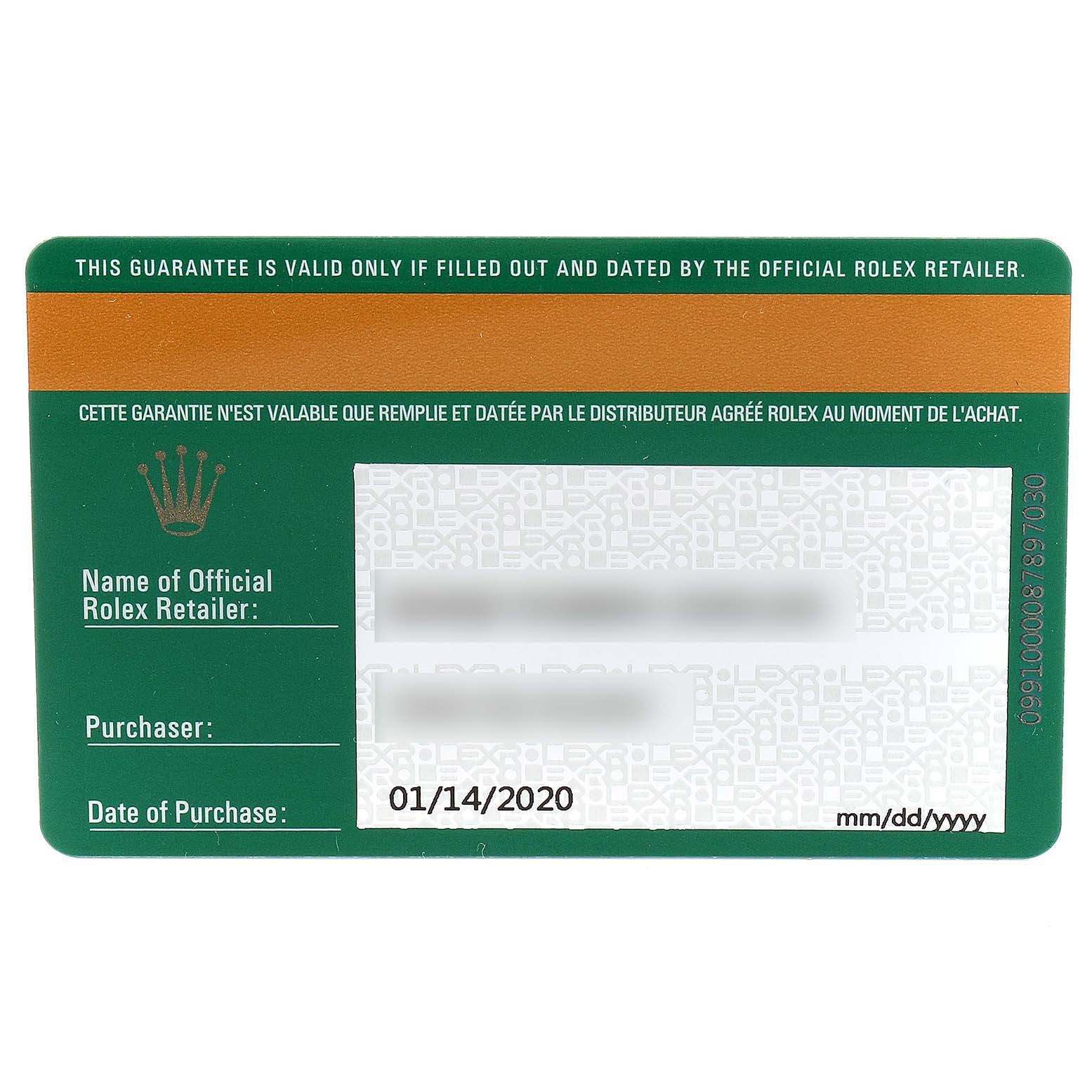 This is a warranty card for the Rolex Submariner 116610LN Men
s Stainless Steel Black Dial 116610LN Men
s Stainless Steel Black Dial model, showing details such as the date of purchase and retailer information.