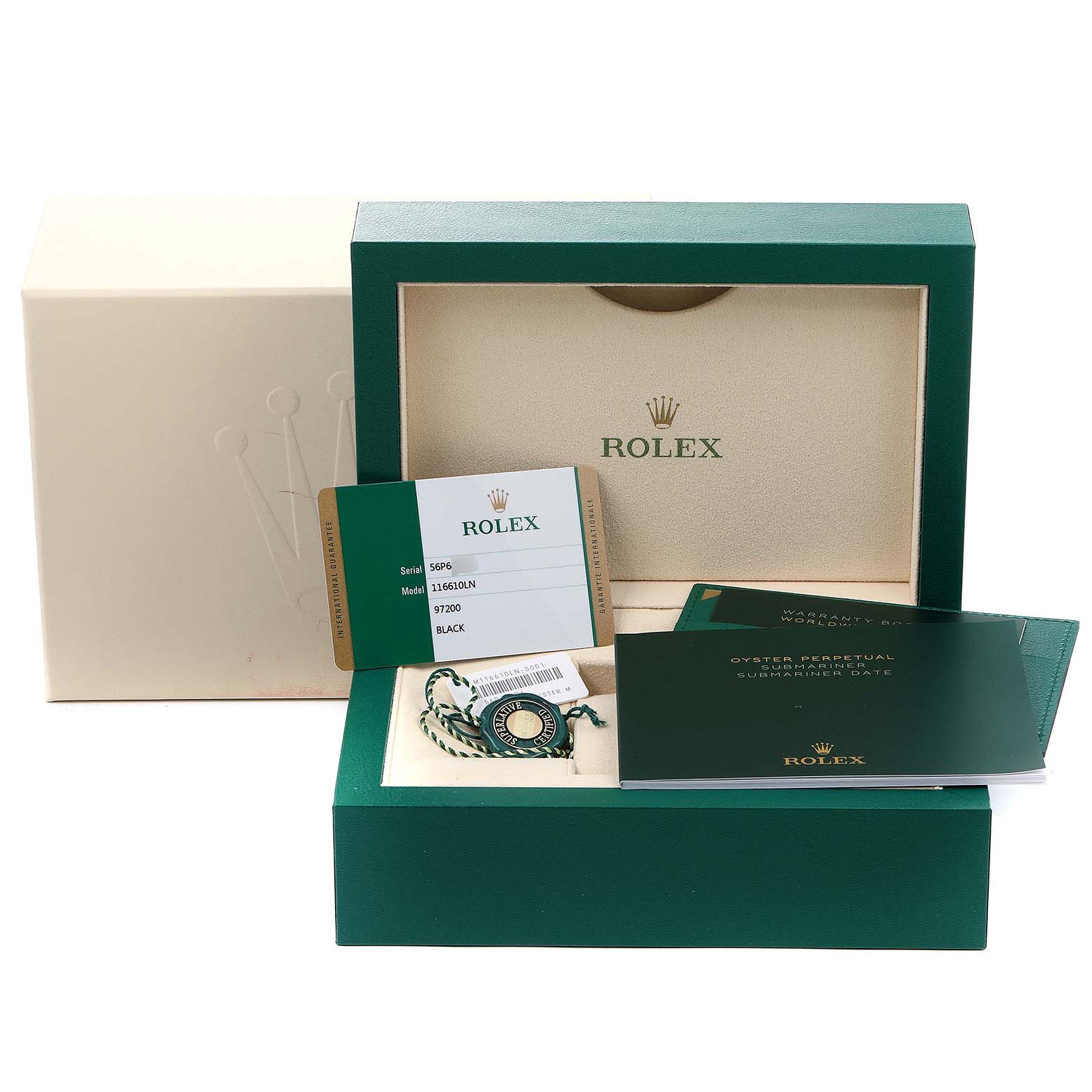 The image shows the packaging and accessories for a Rolex Submariner 116610LN Men
s Stainless Steel Black Dial 116610LN Men
s Stainless Steel Black Dial watch, including the box, warranty card, and manuals.