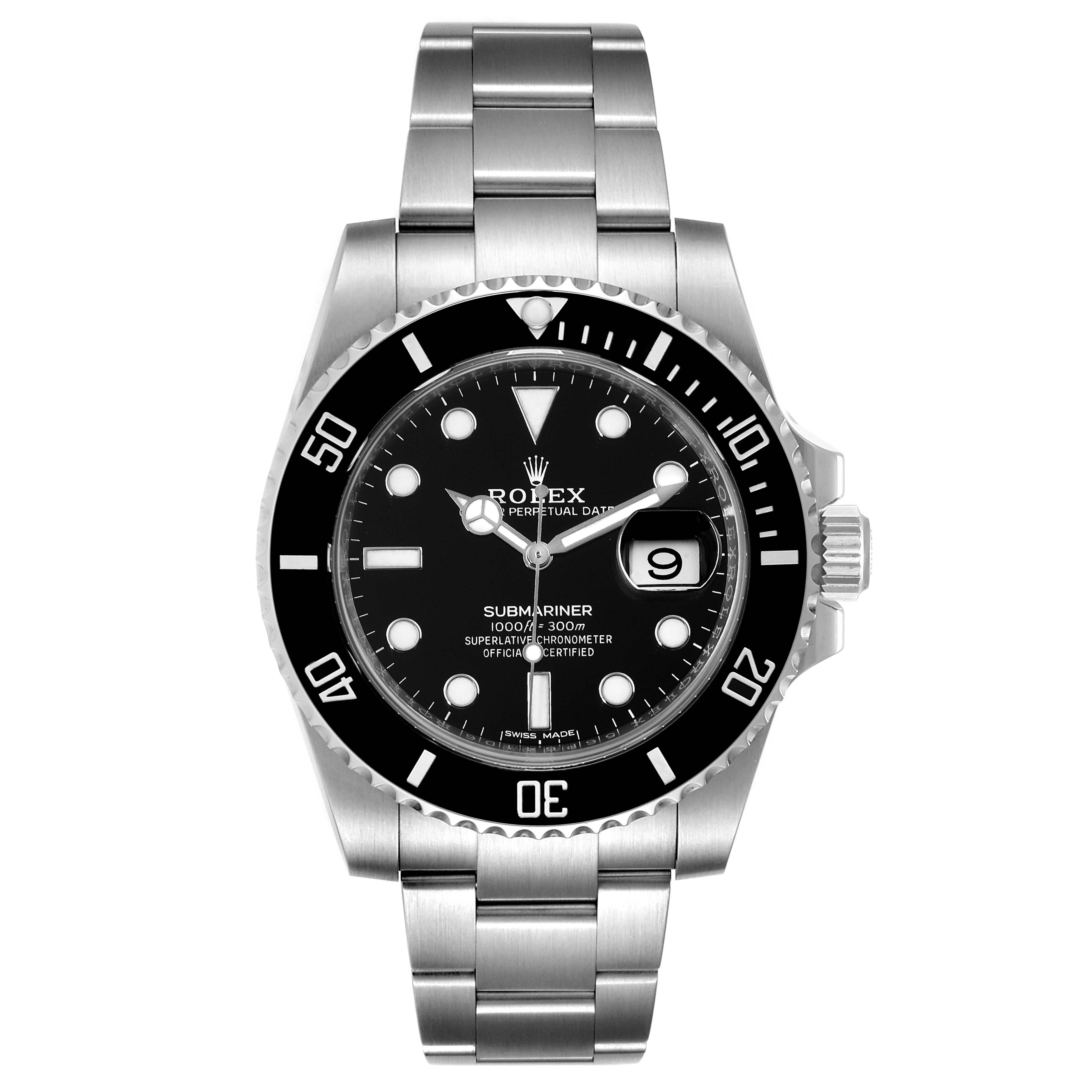 The image shows a front view of the Rolex Submariner 116610LN Men
s Stainless Steel Black Dial 116610LN Men
s Stainless Steel Black Dial, highlighting the watch face, bezel, and stainless steel bracelet.