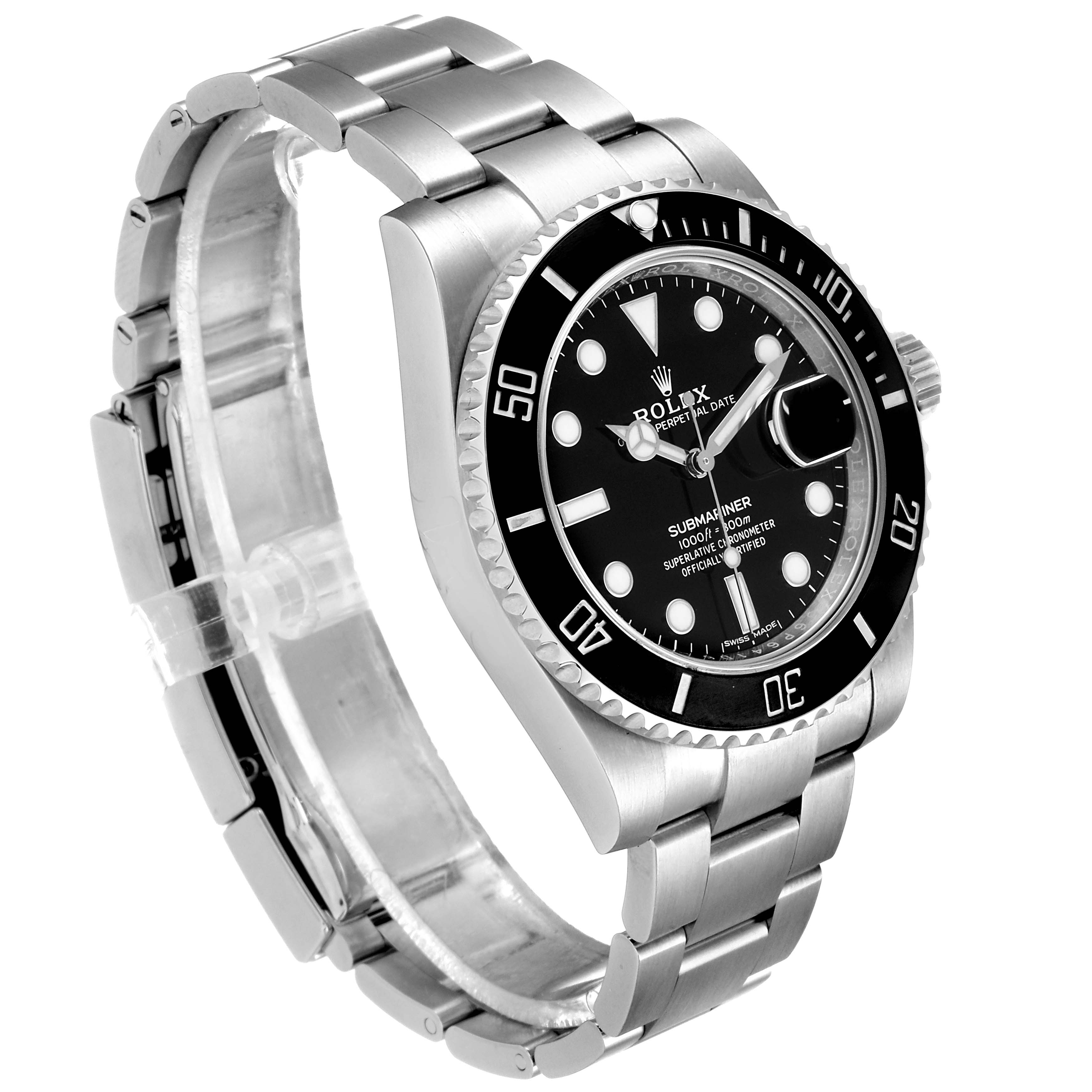 The image shows a Rolex Submariner 116610LN Men
s Stainless Steel Black Dial 116610LN Men
s Stainless Steel Black Dial watch from a three-quarter angle, displaying the dial, bezel, and part of the bracelet.
