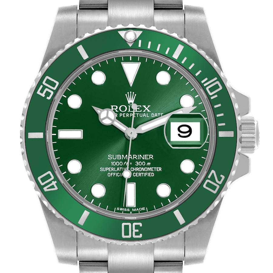 The image shows a front view of a Rolex Submariner watch, highlighting the green bezel, dial, and date window.