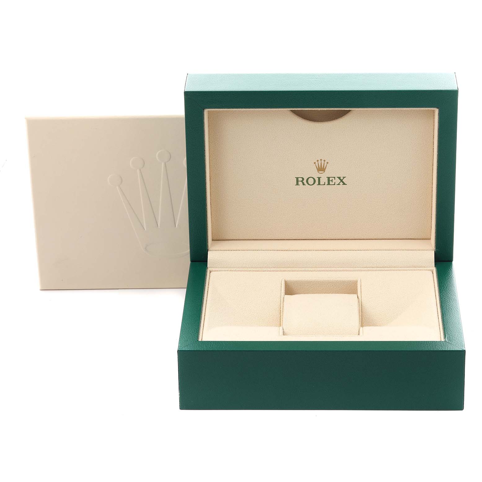 The image shows a green and beige Rolex Submariner 124060 Men's Stainless Steel Black Dial 124060 Men's Stainless Steel Black Dial watch box from an angle, with the lid open.