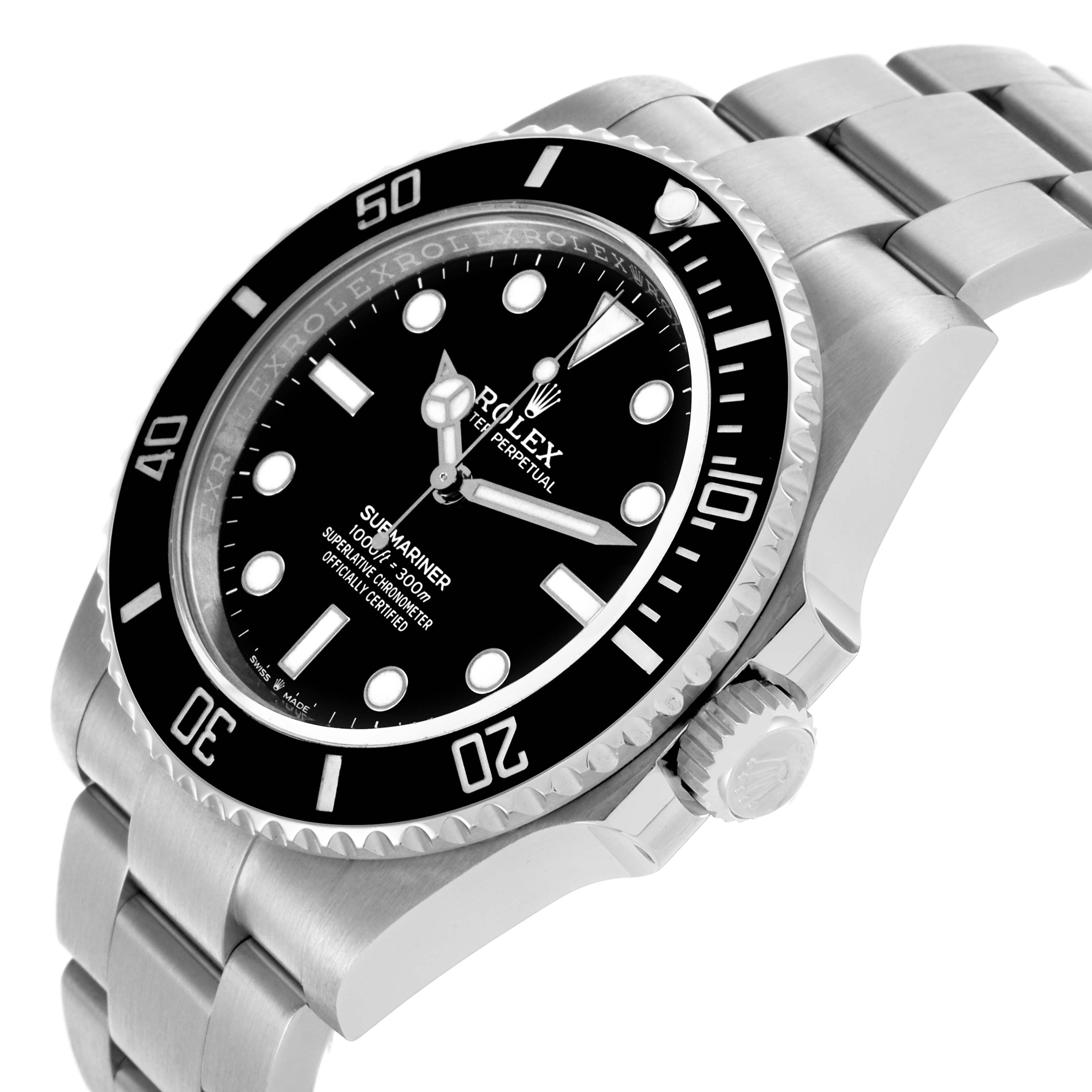 The image shows a side angle view of a Rolex Submariner 124060 Men's Stainless Steel Black Dial 124060 Men's Stainless Steel Black Dial watch, highlighting the bezel, dial, crown, and bracelet.