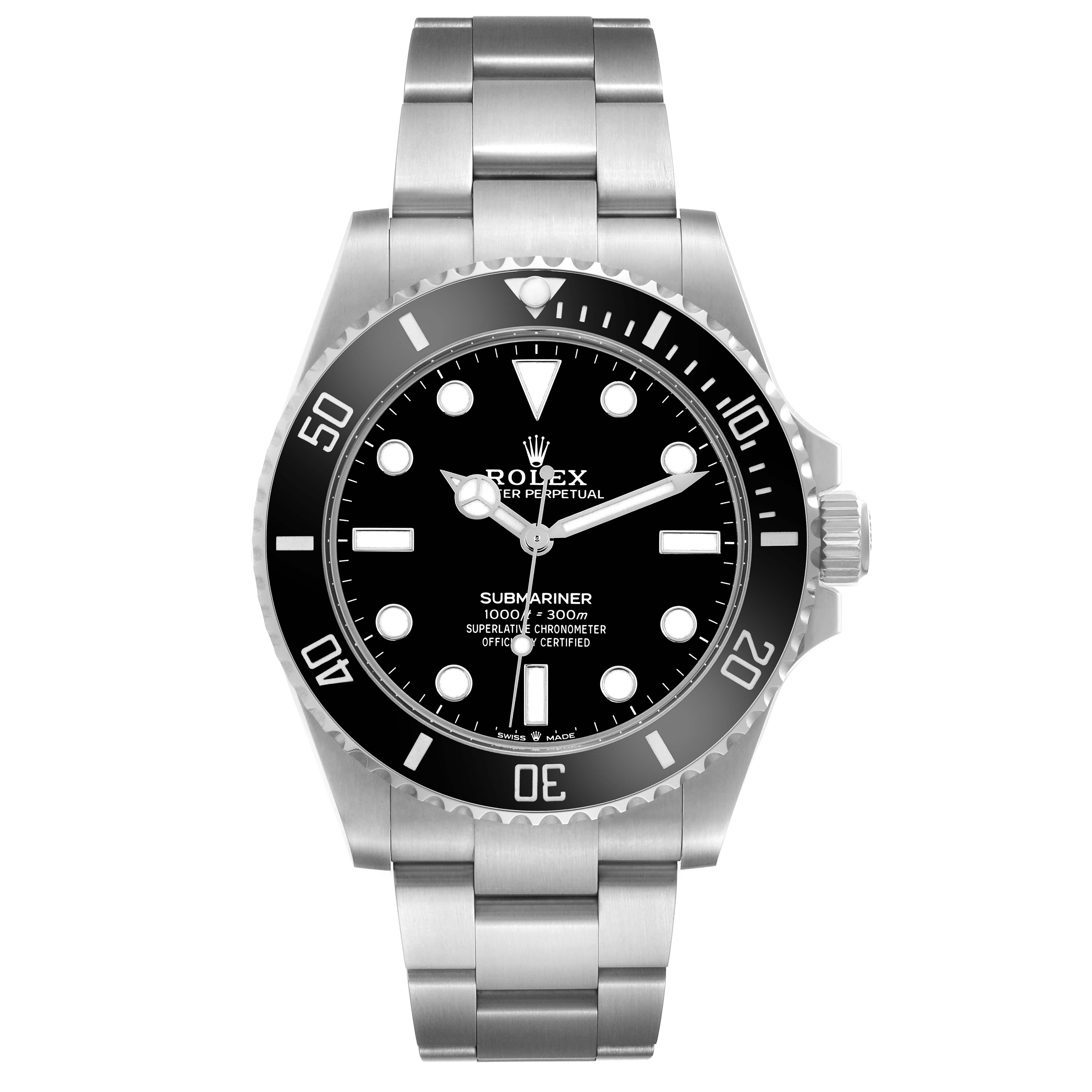 The Rolex Submariner 124060 Men's Stainless Steel Black Dial 124060 Men's Stainless Steel Black Dial is shown from a front angle, displaying the full face, bezel, and metal bracelet.