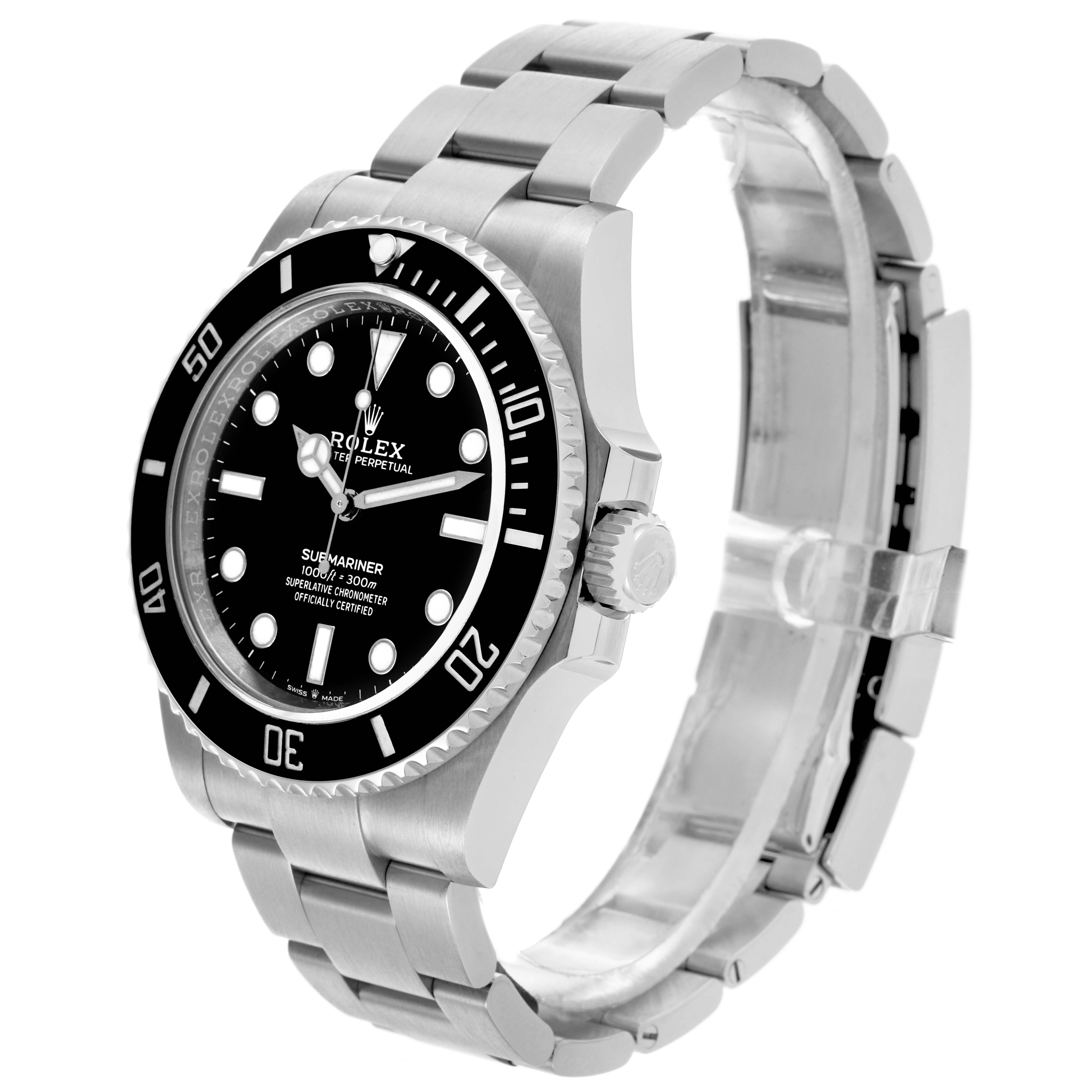 The image shows a side angle of the Rolex Submariner 124060 Men's Stainless Steel Black Dial 124060 Men's Stainless Steel Black Dial, highlighting the face, bezel, crown, and bracelet.