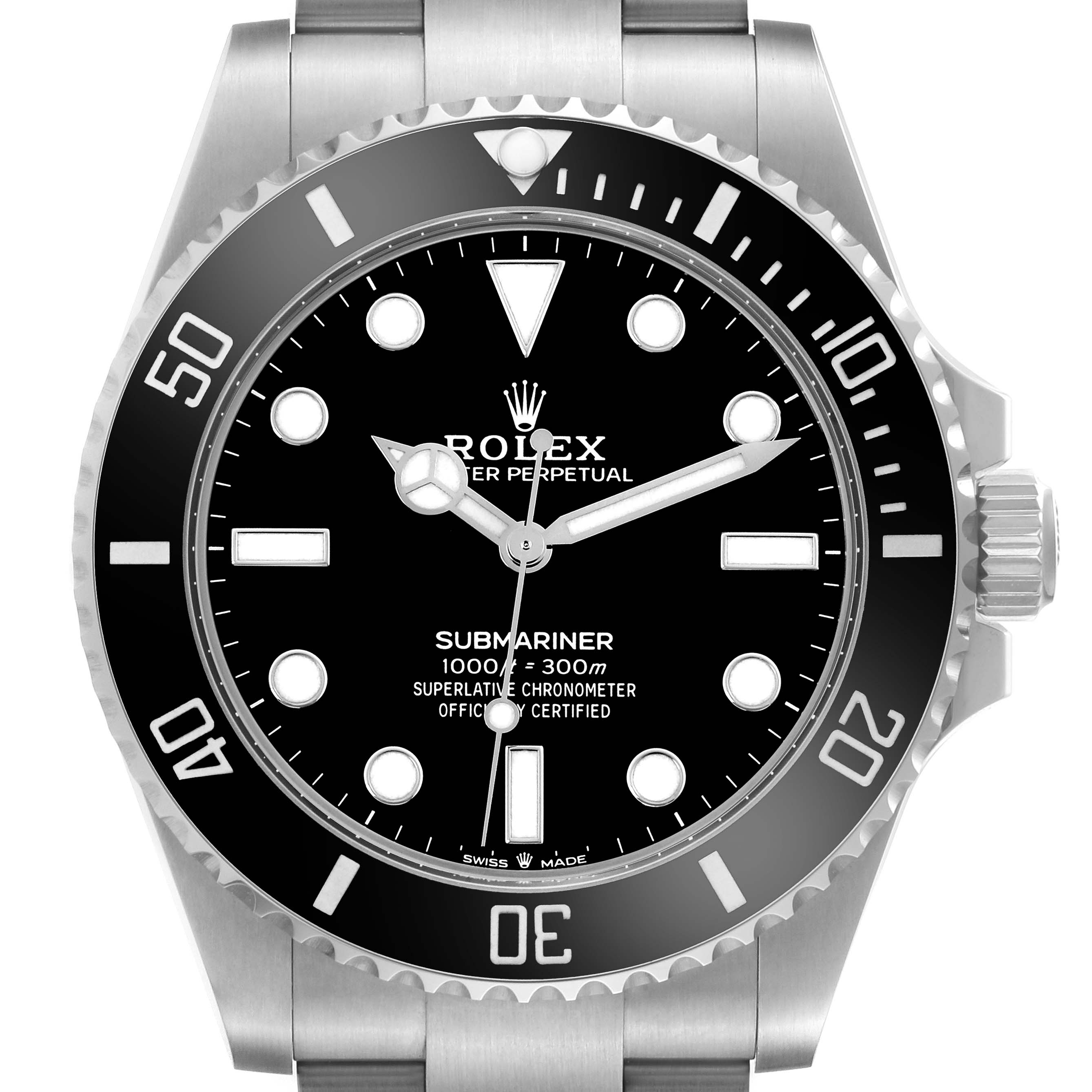 The image shows a front view of the Rolex Submariner 124060 Men's Stainless Steel Black Dial 124060 Men's Stainless Steel Black Dial, highlighting the dial, bezel, and part of the bracelet.