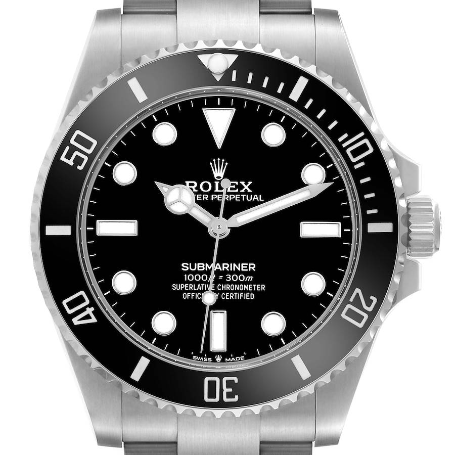 The image shows a front view of the Rolex Submariner, highlighting the dial, bezel, and part of the bracelet.