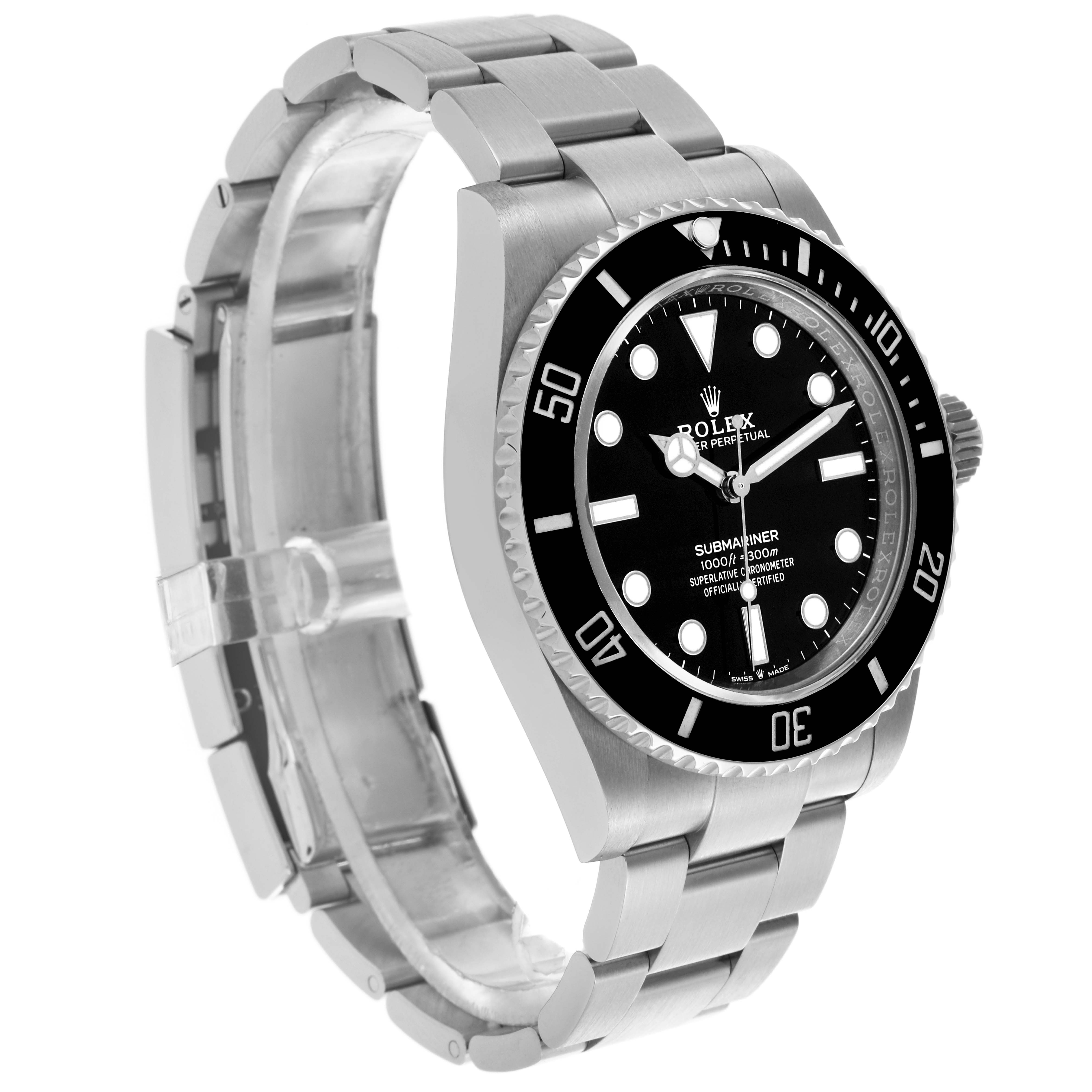 The Rolex Submariner 124060 Men's Stainless Steel Black Dial 124060 Men's Stainless Steel Black Dial watch is shown at a slight angle, displaying the face, bezel, and part of the bracelet.