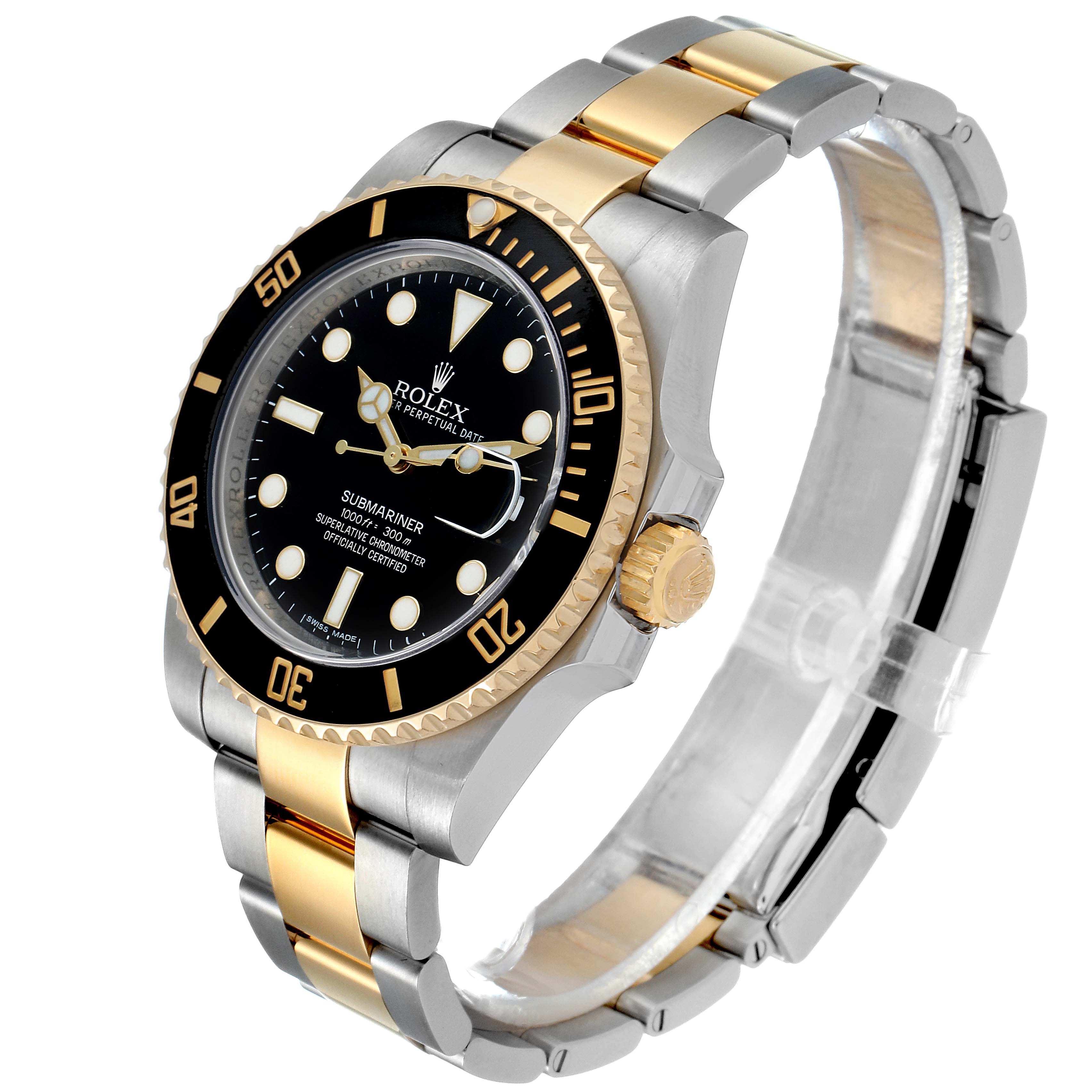 This image shows a Rolex Submariner 116613 Men's Steel and Gold (two tone) Black Dial 116613 Men's Steel and Gold (two tone) Black Dial watch from a side angle, highlighting the bezel, crown, and two-tone bracelet.