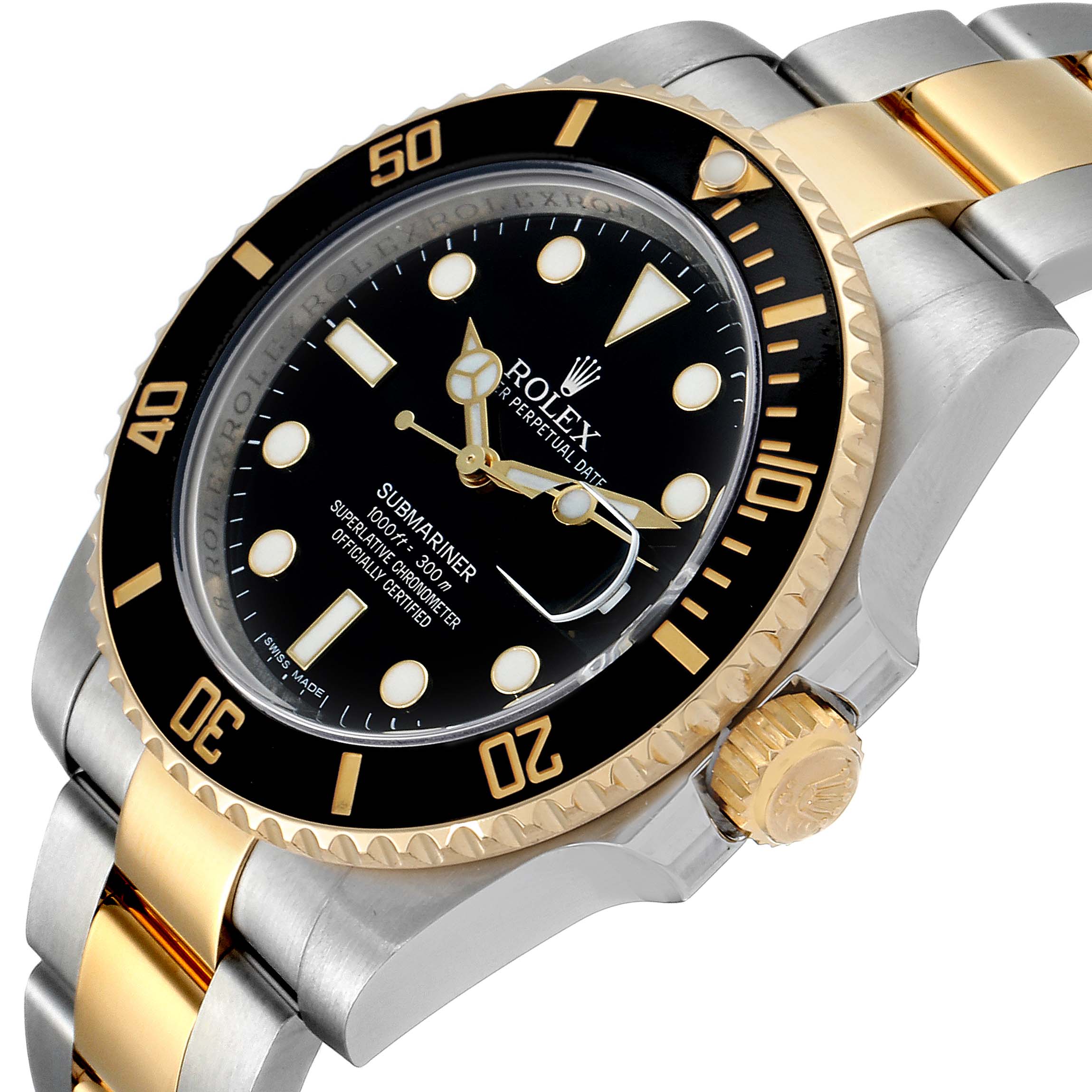 The image shows a close-up angle of the Rolex Submariner 116613 Men's Steel and Gold (two tone) Black Dial 116613 Men's Steel and Gold (two tone) Black Dial watch, highlighting the face, bezel, crown, and part of the bracelet.