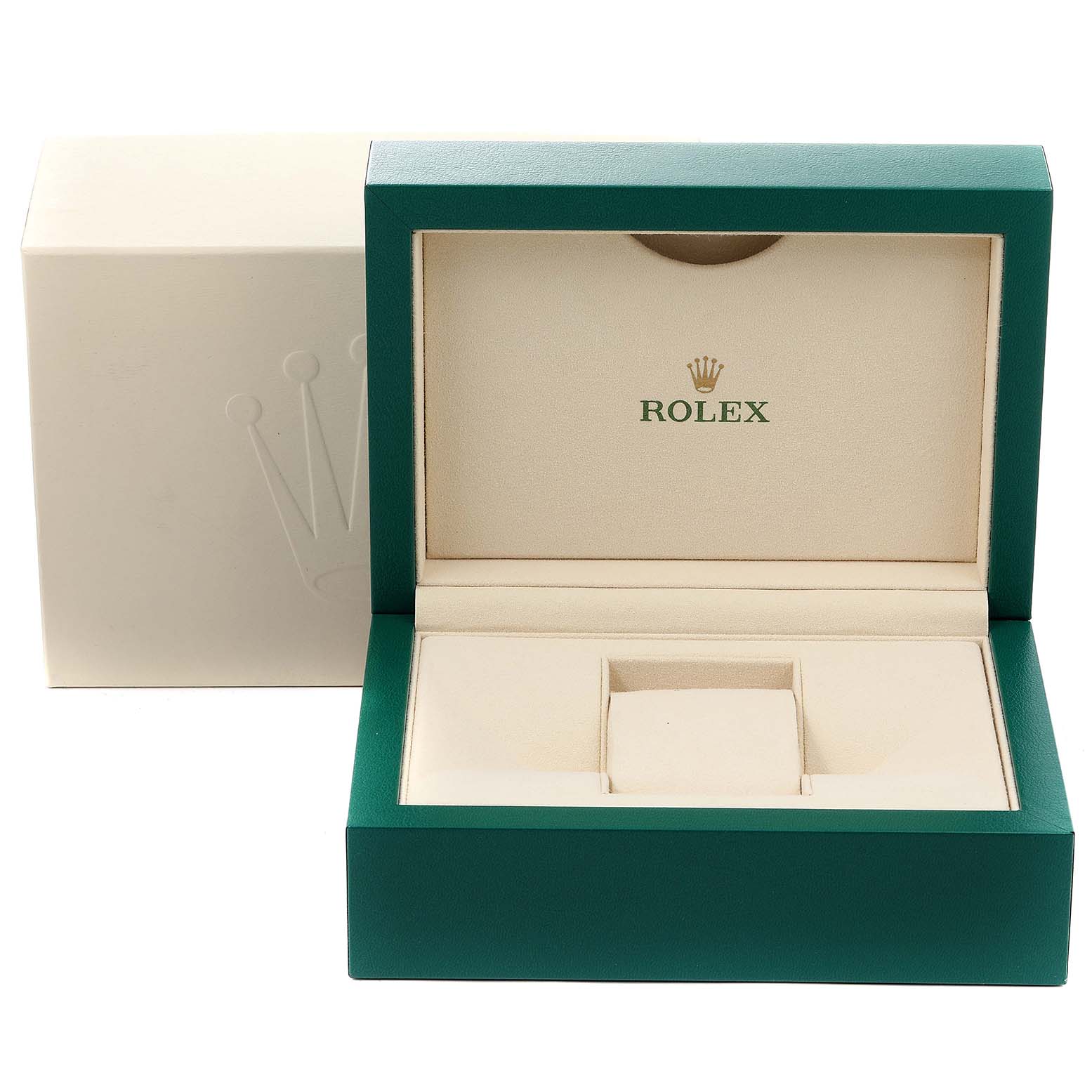 The image shows an empty Rolex Submariner 116613 Men's Steel and Gold (two tone) Black Dial 116613 Men's Steel and Gold (two tone) Black Dial watch box, featuring the open green outer box and cream interior with the Rolex logo.