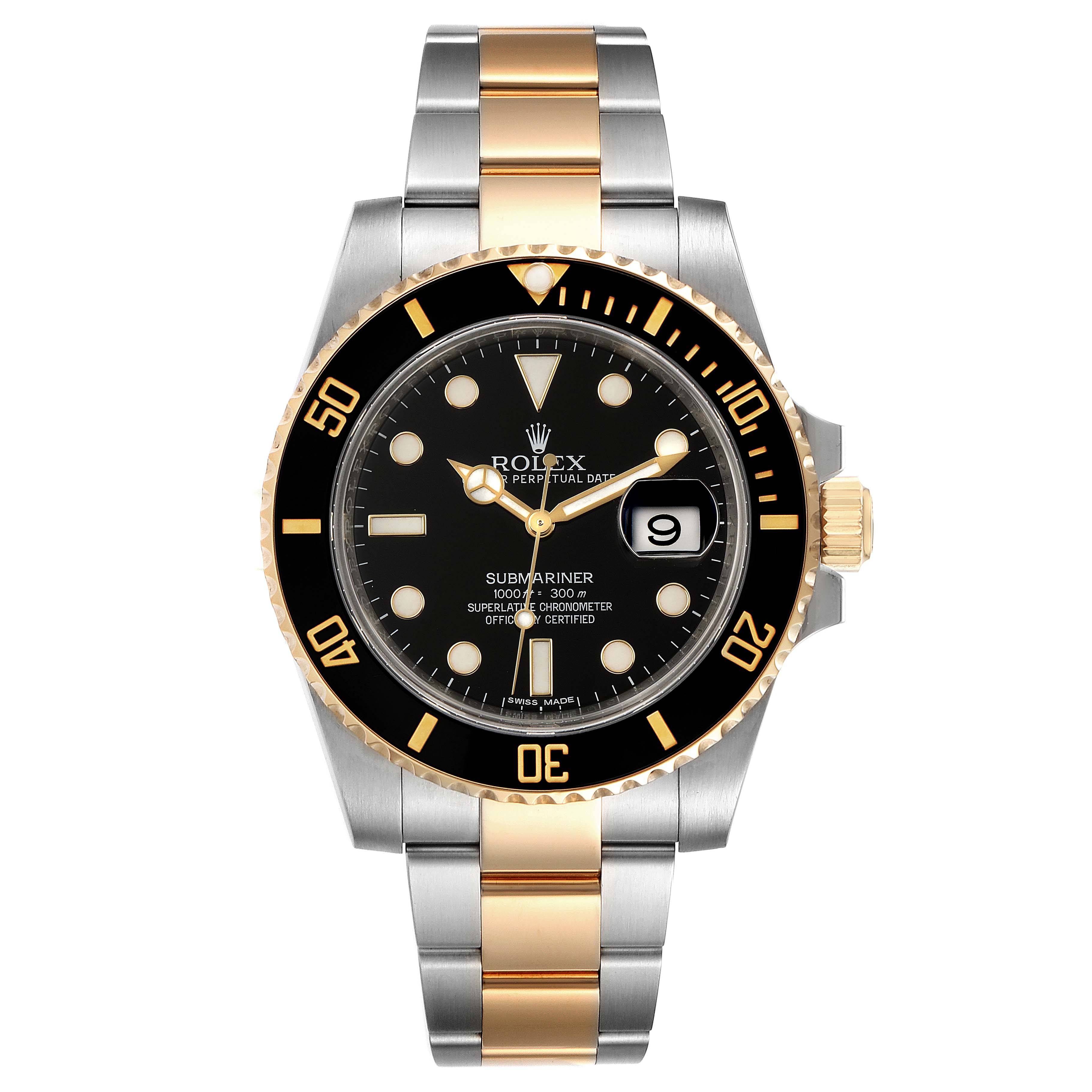 The image shows a front view of a Rolex Submariner 116613 Men's Steel and Gold (two tone) Black Dial 116613 Men's Steel and Gold (two tone) Black Dial watch, featuring its black dial, date window, and two-tone bracelet.