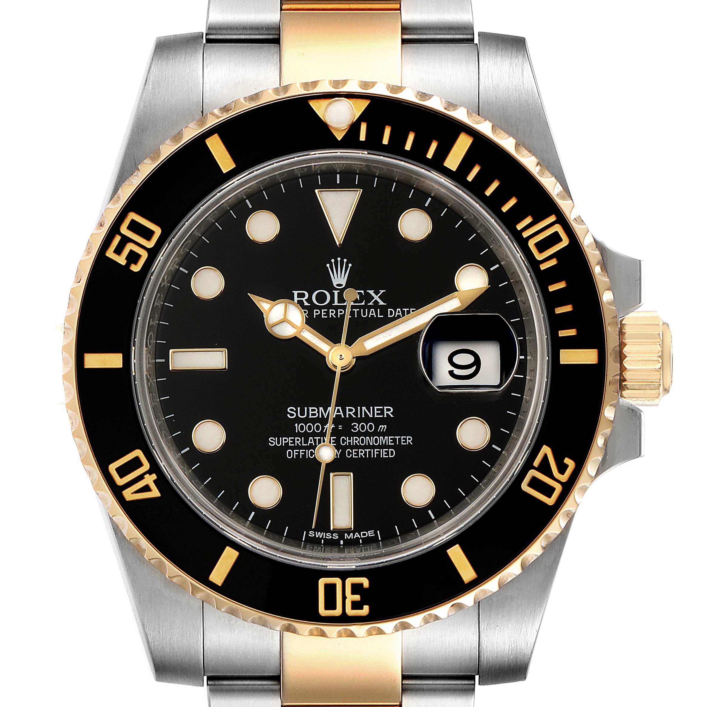 The image shows a front view of a Rolex Submariner 116613 Men's Steel and Gold (two tone) Black Dial 116613 Men's Steel and Gold (two tone) Black Dial watch, highlighting its dial, bezel, and the middle portion of the bracelet.