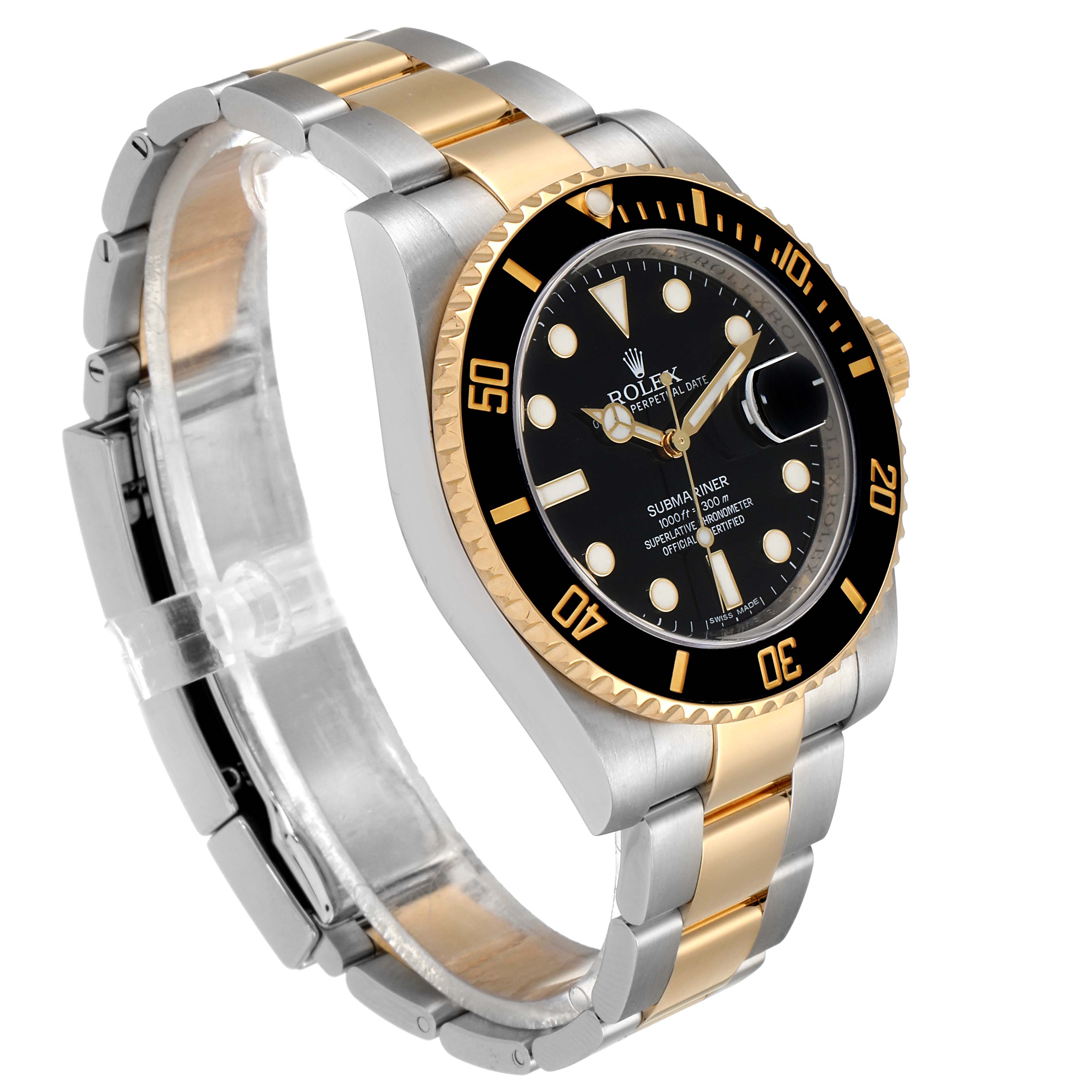 This is a diagonal view of a Rolex Submariner 116613 Men's Steel and Gold (two tone) Black Dial 116613 Men's Steel and Gold (two tone) Black Dial showing the watch’s face, bezel, and two-tone bracelet.