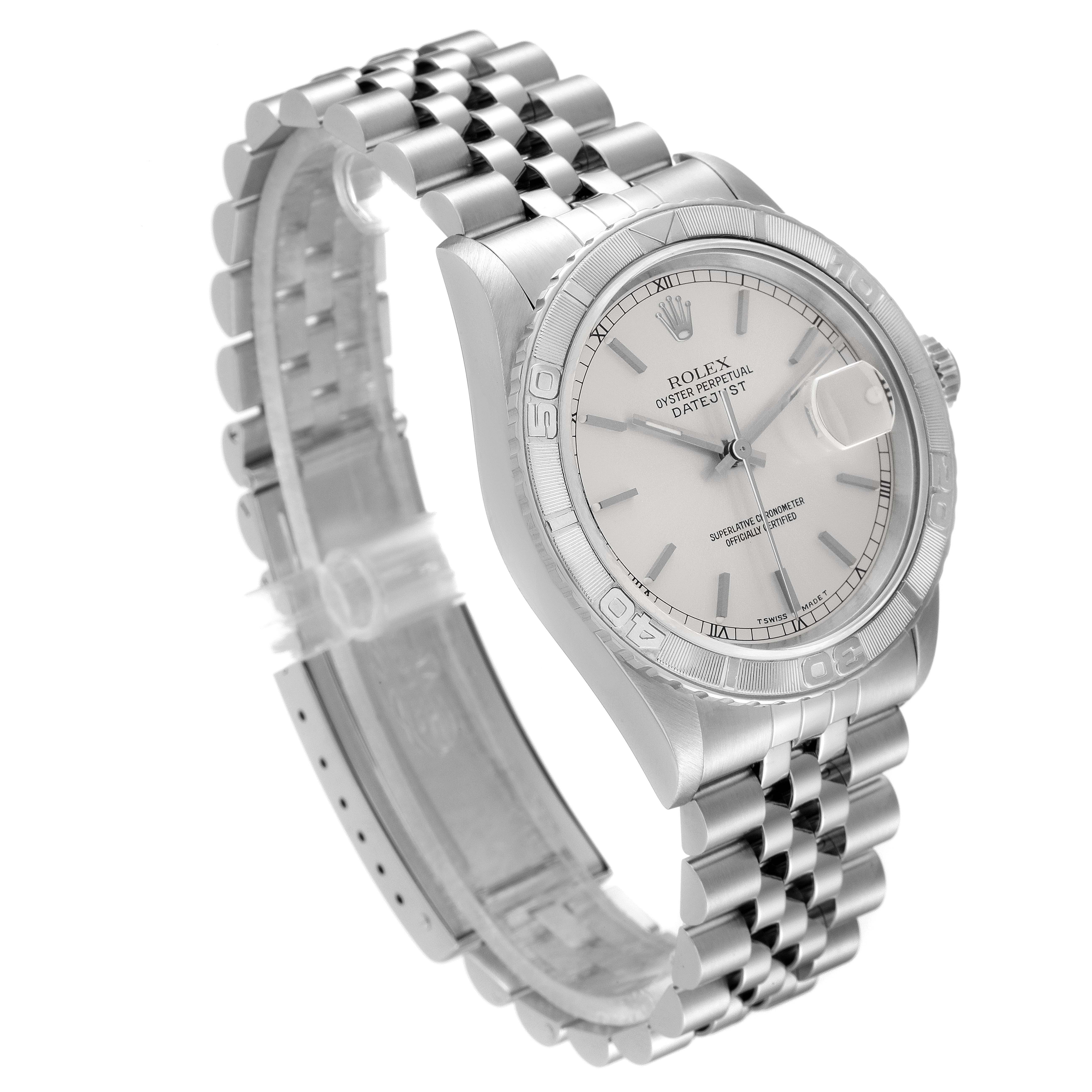 The image shows a Rolex Turn-o-Graph 16264 Men
s Stainless Steel Silver Dial 16264 Men
s Stainless Steel Silver Dial watch at a three-quarter angle, highlighting its face, bezel, crown, and part of the bracelet.